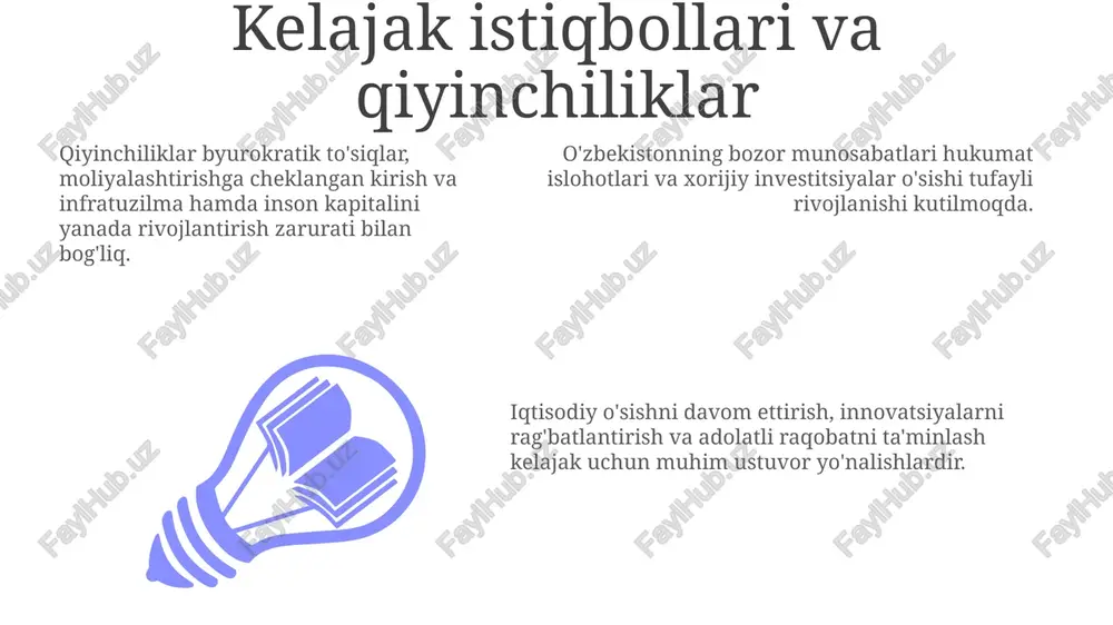 ni kamaytirish. bozor samaradorligi va raqobatning kuchayishi, narxlarning pasayishi va mahsulot sifatining yaxshilanishiga olib keladi. xususiy sektor rivojlanishi va xorijiy investitsiyalar orqali iqtisodiy o'sishni oshirish. tarixiy kontekst: sovet rejalashtirishdan bozor islohotlariga 1924 yildan 1991 yilgacha o'zbekiston sovet ittifoqining markazlashtirilgan iqtisodiyotga ega bo'lgan respublikasi bo'lgan. davlatga tegishli korxonalarning xususiylashtirilishi, narxlarning liberallashuvi va iqtisodiyotning tartibsizlashtirilishi bilan bog'liq bu o'tish davri. 1991-yilda sovet ittifoqi parchalanib ketganidan keyin oʻzbekiston bozor iqtisodiyotiga oʻtish yoʻliga kirdi. e'tiboringiz uchun rahmat @taqdimot_robot image1.jpeg image2.jpeg image3.jpeg