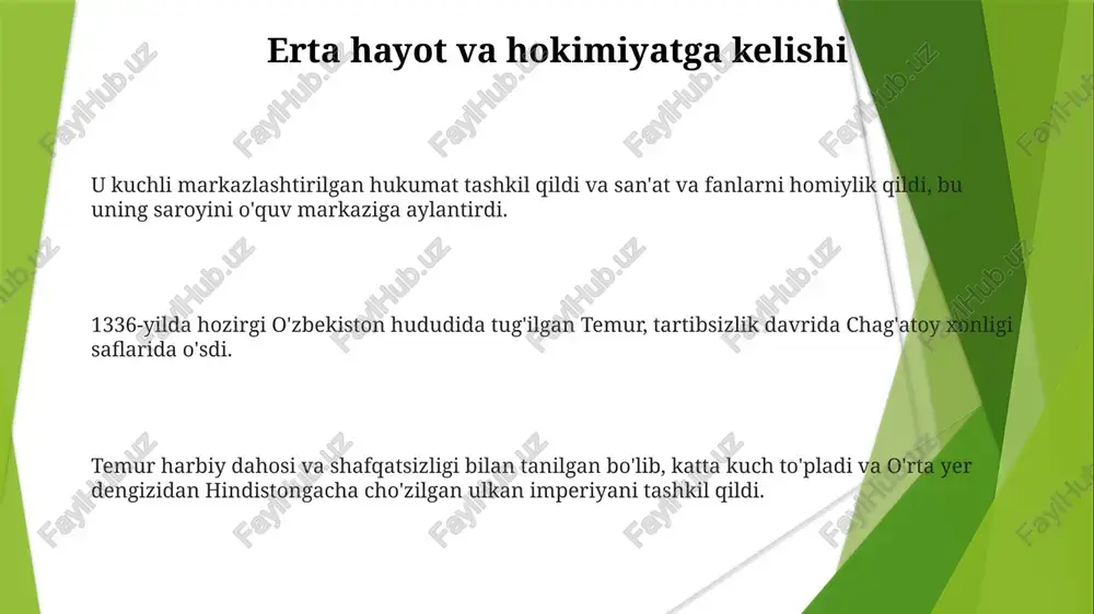 ojlantirishda muhim rol o'ynadi. amir temur xalqaro munosabatlarning murakkab to'rlarini mahorat bilan boshqargan, ittifoqlar tuzgan va turli kuchlar bilan diplomatik aloqalarni saqlab qolgan. ma'muriy islohatlar va boshqaruv amir temur davlat arbobi sifatida: harbiy strategik dahosi bilan tanilgan bo'lib, u diplomatiyada ham ustunlik qilgan, ittifoqlar tuzgan va keng imperiyasida tinchlikni ta'minlagan. ma'muriy islohotlar va boshqaruv: amir temur qonun-qoida, infratuzilma rivojlanishi va iqtisodiy barqarorlikka e'tibor qaratib, murakkab ma'muriy tizimni joriy qildi. amir temurning merosi: uning ma'muriy islohotlari va hukmronligi markaziy osiyo tarixida gullab-yashnash davrining poydevorini qo'ydi. din tolerantligi va madaniy almashuv temur'ning davlat arbobi sifatida diplomatik mahorati va ma'muriy iste'dodi tan olingan. u madaniy almashinuvni rag'batlantirdi, turli ta'sirlar orqali imperiyasini boyitdi. amir temur dini bag'rikenglikni targ'ib qilib, xilma-xil jamiyatni shakllantirdi. e'tiboringiz uchun rahmat @taqdimot_robot