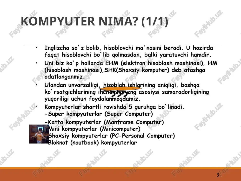 rish bilan shug’ullanadi. midiergonomika “inson-jamoa”, “jamoa-mashina”, “inson-tarmoq”, “jamoa-tashkilot” tizimlarini o’rganadi. mikroergonomika “inson-mashina” tizimiga bag’ishlangan. ergonomika fani-insonning ishga moslashuvi va ishning insonga moslashtiriluviga asoslangandir. birinchi holda samaradorlik asosiy deb hisoblansa, ikkinchi holda qulaylik oldinga chiqadi * xonani tanlay bilish xona keng, me’yorida yoritilgan va havosi oson almashtiriladigan bo’lishi kerak. yorqin quyosh nurlari monitorga salbiy ta’sir etadi.qorong’i xonada faqat ish joyini yoritish ham maqsadga muvofiq emasdir. stolni shunday joylashtiring-ki, deraza oynasi qarshingizda bo’lmasin. agar buning iloji bo’lmasa, u holda qalin parda yoki jalyuzi sotib oling, shunda derazadan tushayotgan yorug’lik sizga xalal bermaydi. agar oyna yon tomonda bo’lsa, yana parda yoki jalyuzi joningizga oro kiritadi. chang va issiqliq salomatlikka putur yetkazibgina qolmay, texnikaga ham yomon ta’sir o’tkazadi, shuning uchun xonaga konditsioner o’rnatgan ma’qul. bir talaba uchun ishchi maydon 6,0 kv.m, dan kam hajm esa 20,0 kub.m.dan kam bo`lmasligi kereak. * * stolni tanlash va o’rnatish stol imkoni boricha katta bo’lishi lozim. bu asosiy …