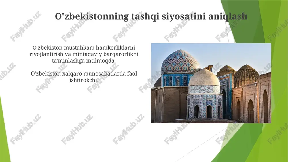 iyani rag'batlantirish. mintaqaviy xavfsizlik va hamkorlikni mustahkamlash. o'zbekistonning yirik davlatlar bilan munosabatlari o'zbekiston o'z milliy manfaatlarini ta'minlash maqsadida yirik jahon kuchlari bilan hamkorlik qiladigan ko'p qirrali tashqi siyosat olib boradi. o'zbekiston xalqaro tashkilotlar va tashabbuslarida faol ishtirok etib, global muammolarga hissa qo'shadi va o'z dasturini ilgarilaydi. oʻzbekistonning xavfsizlik va mudofaa siyosati o'zbekistonning tashqi siyosat konsepsiyasi strategik sherikliklar, iqtisodiy hamkorlik va ko'p tomonlama ishtirokni rivojlantirishga urg'u beradi. o'zbekistonning xavfsizlik va mudofaa siyosati milliy xavfsizlik, mintaqaviy barqarorlik va betaraflikka ustunlik beradi. xorijiy siyosatning o'zbekiston rivojiga ta'siri o'zbekistonning tashqi siyosati uning iqtisodiy rivojlanishi va xalqaro mavqeyiga sezilarli ta'sir ko'rsatadi. o'zbekistonning tashqi siyosati neytrallik, yaxshi qo'shnichilik va o'zaro hurmat tamoyillariga asoslangan. e'tiboringiz uchun rahmat @taqdimot_robot image1.jpg image2.jpg image3.jpg image4.jpg image5.jpg image6.jpg image7.jpg image8.jpg image9.jpg image10.jpg image11.jpg image12.jpg image13.jpg image14.jpg image15.jpg image16.jpg image17.jpg