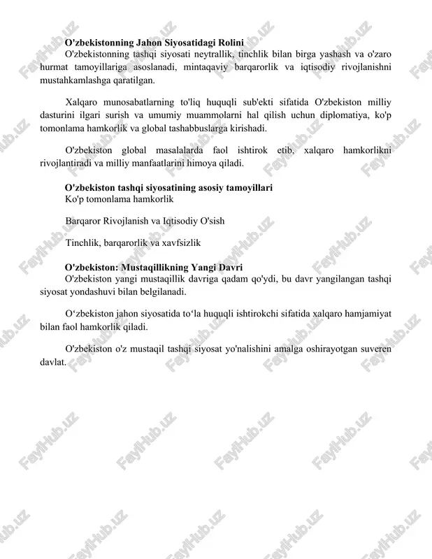 siyosatining asosiy tamoyillari ko'p tomonlama hamkorlik barqaror rivojlanish va iqtisodiy o'sish tinchlik, barqarorlik va xavfsizlik o'zbekiston: mustaqillikning yangi davri o'zbekiston yangi mustaqillik davriga qadam qo'ydi, bu davr yangilangan tashqi siyosat yondashuvi bilan belgilanadi. oʻzbekiston jahon siyosatida toʻla huquqli ishtirokchi sifatida xalqaro hamjamiyat bilan faol hamkorlik qiladi. o'zbekiston o'z mustaqil tashqi siyosat yo'nalishini amalga oshirayotgan suveren davlat. xulosa o'zbekistonning faol tashqi siyosati xalqaro munosabatlarda to'la huquqli ishtirokchisi sifatida o'z mavqeini mustahkamlaydi. diplomatik harakatlari va strategik hamkorligi mintaqaviy barqarorlik va global hamkorlikka hissa qo'shadi. foydalanilgan adabiyotlar here are the translations of the titles into uzbek using latin letters: 1. **"o'zbekistonning tashqi siyosati: pragmatizm va ishtirokning yangi davri."** markaziy osiyo-kavkaz tahlilchisi, 18-jild, 4-son, 2019, 495–506-betlar. 2