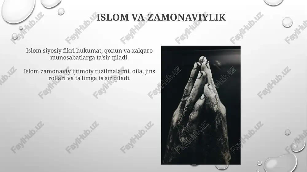 ntsiplari madaniy amallarga ta'sir ko'rsatib, san'at, musiqa va bayramlarni shakllantiradi. islom jamiyatga jalb qilishni rag'batlantiradi, ijtimoiy adolat va hamkorlikni targ'ib qiladi. dinlararo muloqot va tushunish islom musulmon jamoalaridagi ijtimoiy, siyosiy va madaniy amaliyotlarni shakllantirishda muhim rol o'ynaydi. dinlararo muloqot turli dinlar o'rtasida o'zaro hurmat va tushunishni rivojlantiradi. islom qonuni (shariat) siyosiy hayotda islom adolatli va teng huquqli tizimni targ'ib qiladi, unda hukmdorlar xudo va xalq oldida javobgardir. islom qonuni (shariat) hayotning turli jihatlarini, shaxsiy xulq-atordan boshlab, boshqaruvgacha qamrab oluvchi keng qamrovli huquqiy tizimni taqdim etadi. e'tiboringiz uchun rahmat @taqdimot_robot image3.png image4.jpg image5.jpg image6.jpg image7.jpg image8.jpg image9.jpg image10.jpg image11.jpg image12.jpg image13.jpg image14.jpg image15.jpg image16.jpg image17.jpg image18.jpg image19.jpg image20.jpg image1.png
