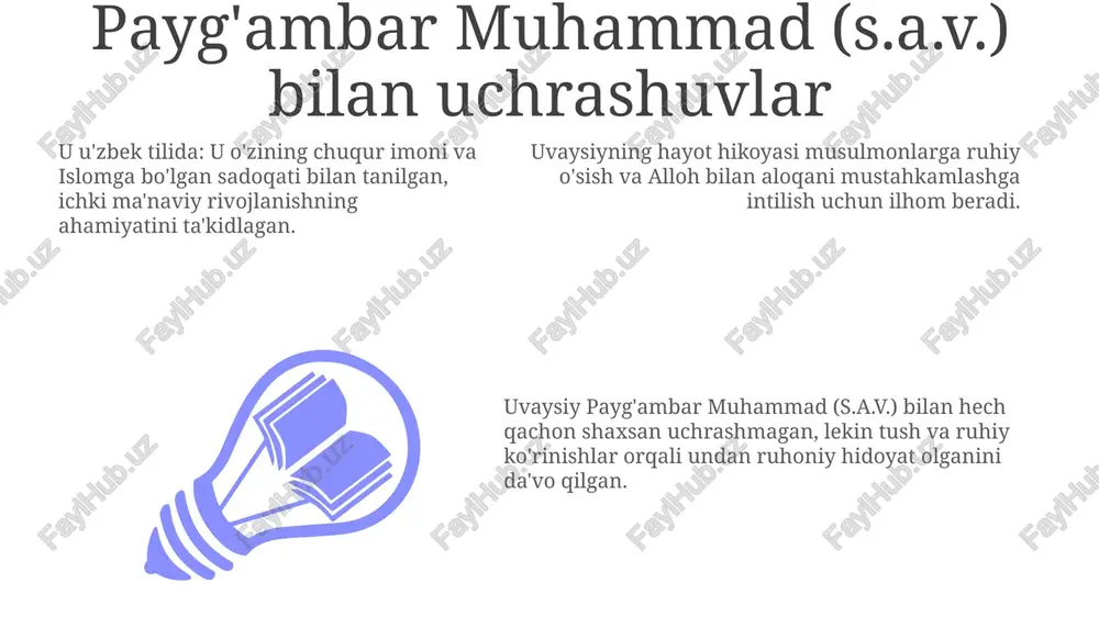 text uvaysiy, payg'ambar muhammad bilan uchrashmagan holda, islomni qabul qilgan sodiq nasroniy edi. uning hayot hikoyasi haqiqiy iymon va ustoz bilan to'g'ridan-to'g'ri muloqot bo'lmasa ham, ilm izlashning ahamiyatini ta'kidlaydi. u u diniy poklik va ilm izlashga, shuningdek, islomning haqiqiy yo'liga sodiqlik namunasi hisoblanadi. uvaysiyning merosi ta'siri 01 02 03 uning merosi sufi fikri va amaliyotiga ta'sir o'tkazishda davom etmoqda, bu esa musulmonlarning avlodlarini islomni chuqurroq tushunishga va xudo bilan bo'lgan munosabatlarini chuqurlashtirishga ilhomlantiradi. uvaysiyning hayot va ta'limlari ko'pgina musulmonlarni ruhiy kamolga erishish va allohga sadoqatli bo'lishga undagan deb hisoblanadi. u ziyoda va kamtarlik namunasi hisoblanadi, ilm izlash, o'zini tarbiyalash va namozga bag'ishlash muhimligini ta'kidlaydi. sales 1st qtr 2nd qtr 100 0 sales 1st qtr 2nd qtr 100 0 sales 1st qtr 2nd qtr 100 0 uvaysiy va haqiqatni qidirish uvaysiyning hayoti va ta'limlari bugungi kunda musulmonlarga ilhom berishda davom etadi, bilim izlash va to'g'ri hayot kechirish muhimligini ta'kidlaydi. u haqiqat …