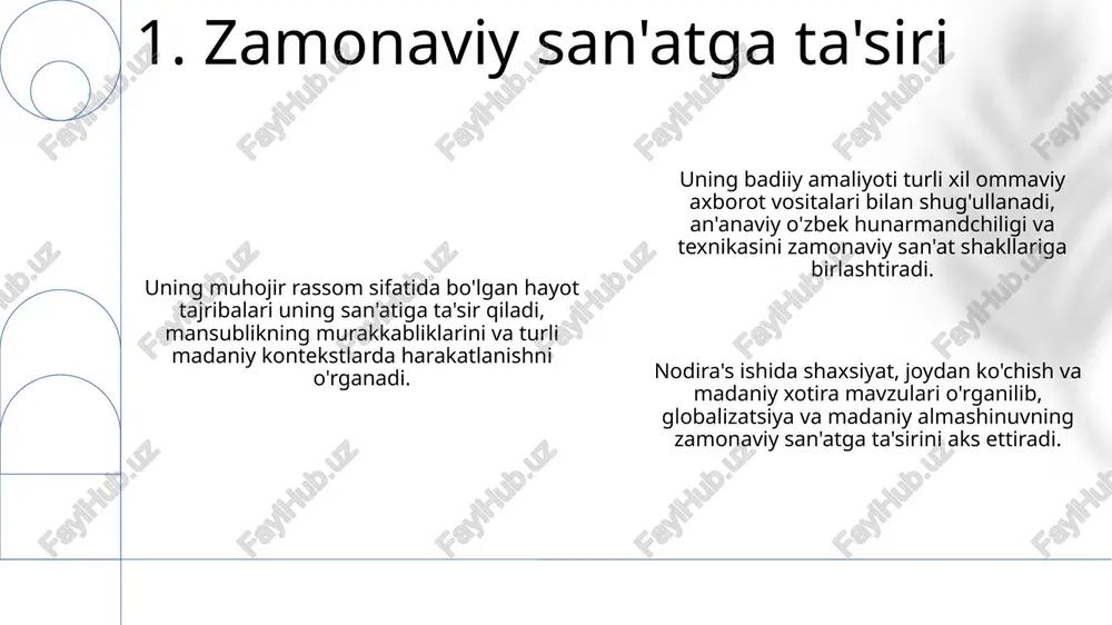 nodira hayotini mukammallikka intilish belgilaydi, bu uning hunariga sadoqati va chegaralarni sindirishga bo'lgan ishtiyoqida ko'rinadi. 11. tan olish va mukofotlar nodira hayoti va ishi haqida ma'lumot berilmagan. ma'lumotni to'liq tushunish uchun qo'shimcha kontekst kerak. nodira'ning kelajagi noaniq. 12. kelajak istiqbollari "the legend of the seven sleeping boys" - "yetti uxlayotgan bolalar afsonasi" "the story of the forty vezirs" - "qirq vazirlar hikoyasi" bolalar adabiyoti bo'yicha ishlab chiqqan asarlari bilan tanilgan. toshkent, o'zbekiston shahrida tug'ilgan. toshkent davlat universitetida adabiyot bo'yicha tahsil olgan. 13. tanilgan asarlar o'zbekistonda tug'ilgan nodira an'anaviy musiqa va oilasining musiqiy an'analari ta'sirida bo'lgan. u professional karerasini qo'shiqchi va qo'shiq yozuvchi sifatida boshladi va an'anaviy o'zbek musiqasi bilan zamonaviy pop ta'sirlarini uyg'unlashtirish bilan tanildi. 14. yoshlik va ta'sirlar nodira hayoti va faoliyati ommaga ma'lum emas. nodira haqida batafsil ma'lumot berish uchun qo'shimcha ma'lumot kerak. nodira oilasining kelib chiqishi ommaga ma'lum emas. 15. oila tarixi e'tiboringiz uchun rahmat @taqdimot_robot image1.png …