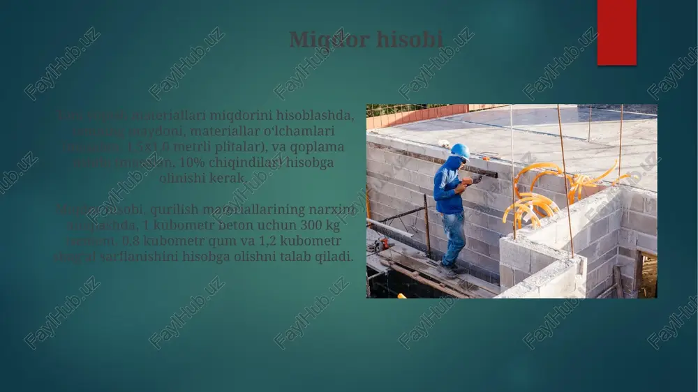 niq hisob-kitoblarni amalga oshirish imkonini beradi. loyiha smeta transport va boshqa yashirin xarajatlar loyixa smetasining umumiy qiymati ichida 5-10% ni tashkil qiladi va bu transport xizmatlari, jihozlar ijarasi va boshqa kutilmagan xarajatlarni o'z ichiga oladi. loyiha smetasini tuzishda mehnat xarajatlari, 20% ga yaqin ulushni tashkil qilishi mumkin va bu ish haqi, sug'urta va boshqa to'lovlarni o'z ichiga oladi. xavflarni baholash qurilish materiallari narxining o'zgarishiga bog'liq xavflarni baholashda, 5% dan 20% gacha bo'lgan narx o'zgarishini hisobga olish tavsiya etiladi. loyihaning kechikishi tufayli yuzaga kelishi mumkin bo'lgan qo'shimcha xarajatlarni aniqlash uchun, kunlik 1000$ dan 5000$ gacha bo'lgan kechikish xarajatlarini hisobga olish kerak. e'tiboringiz uchun rahmat @taqdimot_robot image6.jpg image7.jpg image8.jpg image9.jpg image10.jpg image11.jpg image12.jpg image13.jpg image14.jpg image15.jpg image16.jpg image17.jpg image2.png image3.png image4.png image5.png