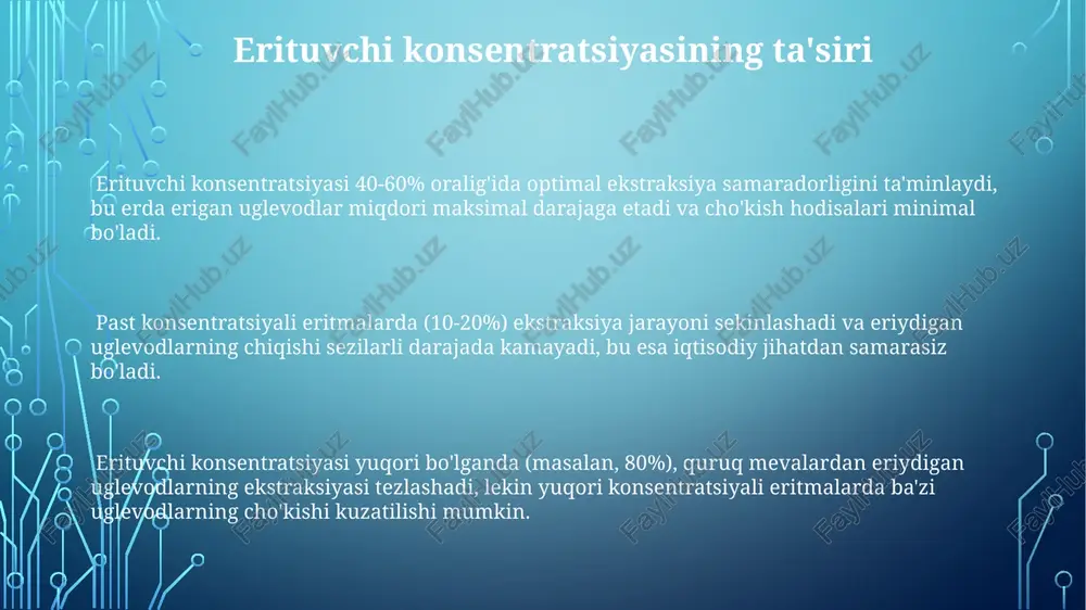inligini va sifatini belgilaydi. quritilgan mevalardan olingan eritma shakarining rangi va shaffofligi uning sifatini belgilaydi, 70% dan yuqori shaffoflik yuqori sifat ko'rsatkichi hisoblanadi. harorat va vaqtning ta'siri ekstraksiya harorati 40°c dan 80°c gacha oshishi bilan eruvchan uglevodlarning chiqishi 20% ga oshishi mumkin, ammo yuqori haroratlar tarkibiy moddalarning degradatsiyasiga olib kelishi mumkin. quritilgan mevalarning o'lchami va maydalash darajasi ekstraksiya vaqtiga ta'sir qiladi; kichikroq bo'laklar tezroq, ya'ni 15 daqiqada yuqori darajada eruvchan uglevodlarni beradi. 60°c da 30 daqiqa davom etgan ekstraksiya jarayoni 85% gacha eruvchan uglevodlarni chiqarish samaradorligini ta'minlaydi, 100°c esa karamelizatsiya va parchalanish xavfini oshiradi. ultrasonik ekstraksiya ultratovush yordamida ekstraksiya, organik erituvchilar miqdorini sezilarli darajada kamaytirish imkonini beradi, bu esa ekologik jihatdan toza va xavfsizroq jarayonni ta'minlaydi, masalan, suv sarfini 30% ga kamaytiradi. ultratovush ekstraksiyasi 20-40 khz chastotali tovush to'lqinlarini qo'llab, quritilgan mevalardan eruvchan uglevodlarni samaradorroq ajratib olishga yordam beradi, bu esa an'anaviy usullar bilan solishtirganda ekstraksiya vaqtini qisqartiradi. ushbu jarayon, …
