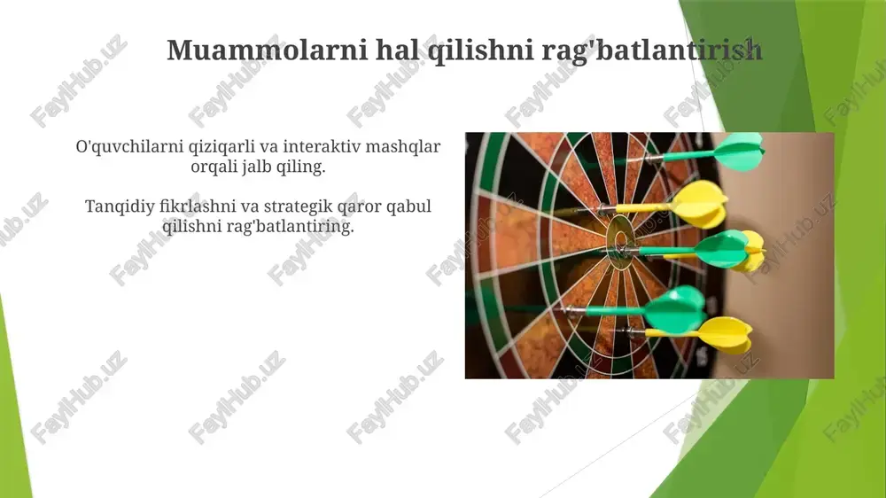 an o'quv natijalari va o'zlashtirish. tanqidiy fikrlash va muammolarni hal qilish ko'nikmalarini rivojlantirish. o'yin asosidagi darslar nima? bu darslar faol ishtirok etishni va mavzularni chuqurroq tushunishni rag'batlantiradi. o'yin asosidagi darslar tushunchalar va ko'nikmalarni o'rgatish uchun interaktiv o'yinlardan foydalanadi. o'yin asosidagi darslarni yaratish faol o'qish va ko'nikmalarni rivojlantirishni rag'batlantirish. o'yin mexanikasini ta'lim maqsadlari bilan muvofiqlashtirish. e'tiboringiz uchun rahmat @taqdimot_robot image1.jpg image2.jpg image3.jpg image4.jpg image5.jpg image6.jpg image7.jpg image8.jpg image9.jpg image10.jpg image11.jpg image12.jpg image13.jpg image14.jpg image15.jpg image16.jpg image17.jpg