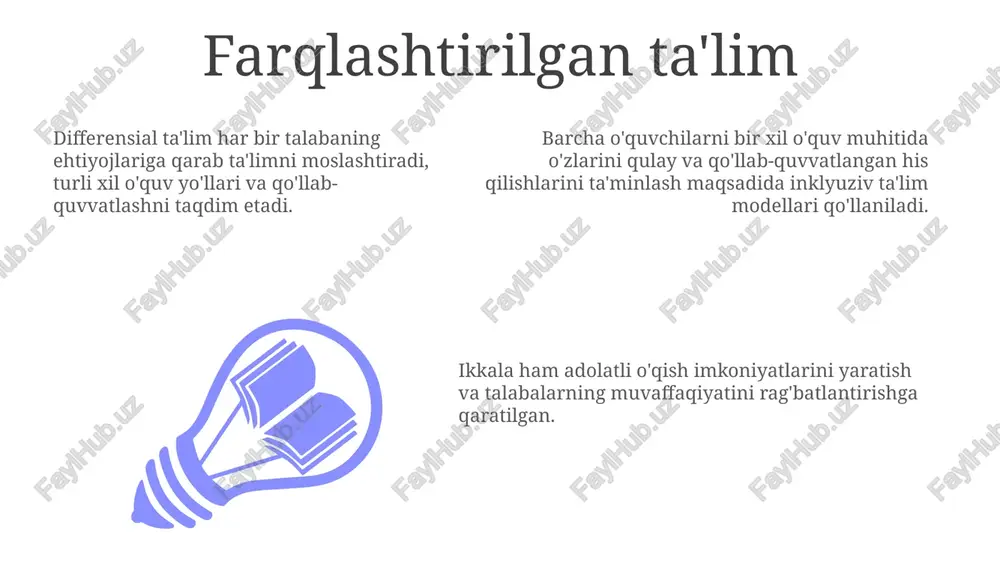 ing asosiy xususiyatlari barcha uchun ochiq bo'lgan ta'lim dasturi, dars berish va baholash. shaxsiylashtirilgan yordam: xilma-xil o'quv ehtiyojlarini qondirish uchun mo'ljallangan aralashuvlar, imkoniyatlar va resurslar. birgalikdagi hamkorlik: oilalar, o'qituvchilar va jamoatchilik a'zolari talabalarning muvaffaqiyatini qo'llab-quvvatlash uchun birgalikda ishlaydi. kelajakda inklyuziv ta'lim yo'nalishlari hammasi uchun ochiq o'quv muhitlarini yaratish: umumjahon o'rganish dizayni (uod) shaxsiylashtirilgan ta'lim: ta'limni har bir shaxsning ehtiyojlari va o'rganish uslubiga moslashtirish. birgalikdagi hamkorlik: inklyuziv amaliyotlarni qo'llab-quvvatlash uchun oilalar, jamoalar va mutaxassislarni jalb qilish. inkluziv ta'limdagi qiyinchiliklar va strategiya add text add text add text add text add text add text strategiyalar: umumlashtirilgan dizayn, hamkorlikda o'rganish, individual qo'llab-quvvatlash, madaniy jihatdan sezgir pedagogika. qiyinchiliklar: kirish, munosabatlar, resurslar, o'qituvchilarni tayyorlash, darsliklarni moslashtirish. here are the translations of the terms into uzbek using the latin alphabet: * **mainstreaming:** asosiy oqimga kiritish * **inclusion:** inkluziya * **special education:** maxsus ta'lim * **resource rooms:** resurs xonalari * **co-teaching:** hamkorlikda o'qitish inklyuziv dastur rejasi 01 …