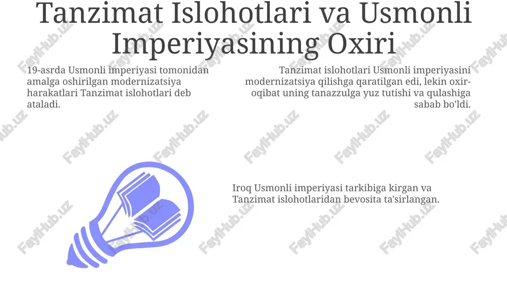 mperiyasi tarkibida bo'lganligi sababli, bu islohotlarni amalga oshirdi. usmonli imperiyasi: qisqacha ma'lumot 01 02 03 iroq asrlar davomida usmonli imperiyasining muhim qismi bo'lib, uning siyosiy, iqtisodiy va ijtimoiy rivojlanishiga hissa qo'shdi. usmonli imperiyasi yaqin sharq, shimoliy afrika va janubiy-sharqiy yevropaning katta qismini nazorat qilgan ulkan va uzoq davom etgan imperiya edi. 19-asrda usmonlilar tomonidan amalga oshirilgan tanzimat islohotlari, modernizatsiya harakatlari iraqga ham ta'sir ko'rsatdi. sales 1st qtr 2nd qtr 100 0 sales 1st qtr 2nd qtr 100 0 sales 1st qtr 2nd qtr 100 0 iroq usmonlilar hukmronligi ostida tanzimat islohotlari iroqda amalga oshirildi. iroq usmonlilar hukmronligi davrida katta o'zgarishlarni boshdan kechirdi. iroq usmonli imperiyasining bir qismi edi. iroq milliy g'oyasining ko'tarilishi tanzimat islohotlari iroqda bo'lib o'tdi. bu islohotlar iroq milliy tuyg'usining kuchayishiga olib keldi. bu islohotlar iroq milliy tuyg'usining kuchayishiga olib keldi. iroqda ma'muriy islohotlar tanzimat islohotlari, zamonaviylashtirish harakatlarining bir qismi, iroqda amalga oshirildi. iroq usmonli imperiyasining bir qismi …