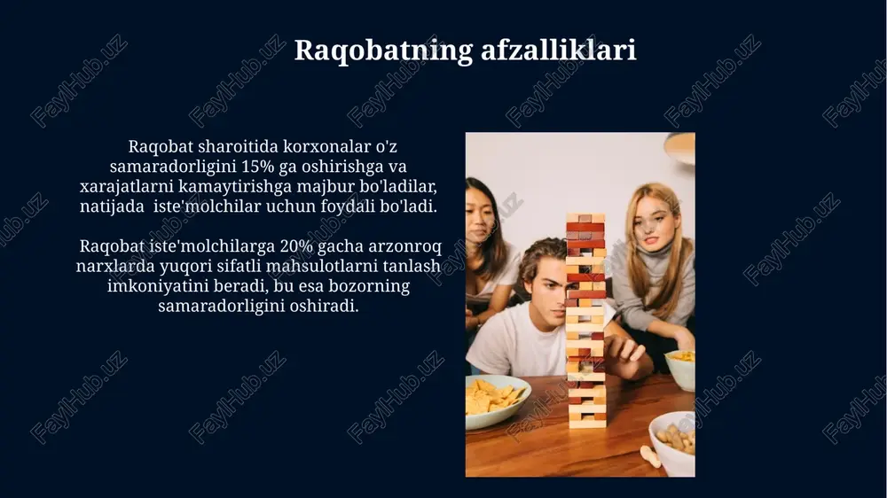 ompaniyalarning birlashuvini taqiqlash, bozor raqobatini oshirib, innovatsiyalarni kuchaytiradi. monopoliya tushunchasi monopolya bozorning 90% dan ortiq qismini bitta korxona nazorat qilishi bilan tavsiflanadi va bu narxlarni sun'iy ravishda oshirish, tanlovni cheklash va iste'molchilar manfaatlariga putur yetkazish xavfini tug'diradi. monopolya holatida, raqobatning yo'qligi tufayli, innovatsiyalar sekinlashadi, chunki korxona o'z mahsulotlarini yaxshilashga va sifatini oshirishga undovchi kuch yo'qoladi, bu esa iste'molchilar uchun salbiy oqibatlarga olib keladi. monopoliya muhiti va uning omillari monopoliya sharoitida innovatsiyalar sekinlashadi, chunki raqobat yo'qligi korxonalarni yangi texnologiyalar va mahsulotlarni ishlab chiqarishga undamaydi, bu esa iqtisodiy o'sish sur'atini 5-10% ga kamaytirishi mumkin. monopoliya bozor ulushining 80% dan ortig'ini nazorat qiluvchi bitta yoki bir nechta kompaniya tomonidan boshqariladi va bu ularga bozor kuchini suiiste'mol qilish imkoniyatini beradi, bu esa iste'molchilarning tanlov erkinligini cheklaydi. raqobat va innovatsiya tadqiqotlar shuni ko'rsatadiki, yuqori darajadagi raqobat 20 dan ortiq kompaniya mavjud bo'lganda, yangi texnologiyalar va mahsulotlarni joriy etish tezligini 70% ga oshiradi. bozordagi 5 ta …