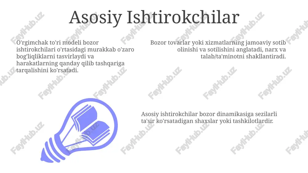 gini tasvirlaydi." o'rgimchak to'ri modeli nima? add text add text add text add text add text add text turli bozor omillarining o'zaro bog'liqligi ta'kidlanadi, ularning murakkab tarmoqda bir-birini qanday ta'sir qilishi ko'rsatiladi. bozor kuchlari (masalan, taklif va talab, investor kayfiyati, iqtisodiy ma'lumotlar) bir-biri bilan qanday bog'lanib, aktiv bahosiga ta'sir qilishini ko'rsatadigan model. bozorning bir sohasidagi voqealar qanday qilib boshqa sohalarga ta'sir qilishi va ularga ta'sir qilishi mumkinligini tushunish uchun foydali. e'tiboringiz uchun rahmat @taqdimot_robot image1.jpeg image2.jpeg image3.jpeg