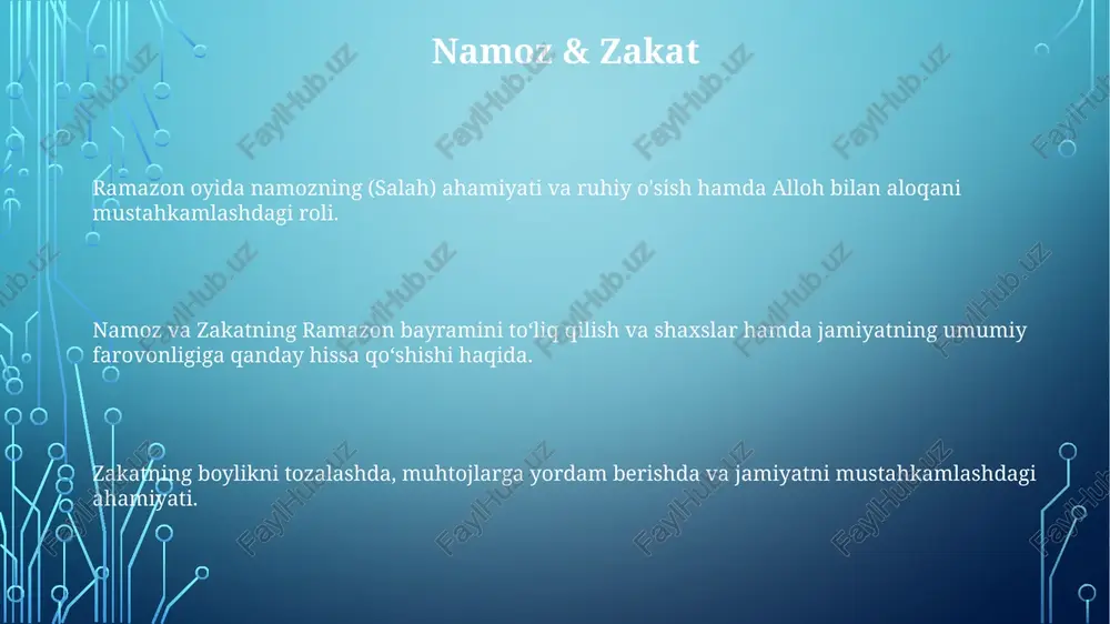 ichiga olgan muvaffaqiyatli bayramni rejalashtirish bo'yicha yo'riqnoma. ramazon retseptlari: xurmo, somsa va qo'zichoq tag'ini kabi an'anaviy taomlar uchun mazali va ilhomlantiruvchi retseptlar, shuningdek zamonaviy o'zgarishlar va sog'lom variantlar. ramazon retseptlari: xurmo, somsa va qo'zichoq tag'ini kabi an'anaviy taomlar uchun mazali va ilhomlantiruvchi retseptlar, shuningdek zamonaviy o'zgarishlar va sog'lom variantlar. ramazon bezaklari ramazon bayramini nishonlash g'oyalari: islom naqshlari bilan bezash, birgalikdagi taom tayyorlash, madaniy tadbir o'tkazish, xayriya ishlarida ko'ngilli bo'lish va oila bilan vaqt o'tkazish. ramazon bayrami ssenariysi: kirish so'zlari, qur'on o'qish, islom ma'ruzasi, namoz, iftar taomi, madaniy chiqishlar va yakunlovchi so'zlar. ramazon bezaklari: chiroqlar, yarim oy, xattotlik, an'anaviy matolar va islom san'ati. sahovat va berish ramazon bayrami nishonlanishining asosiy elementlarini, masalan, namoz, ro'za va sadaqa kabi elementlarni yoritib beradigan ssenariy. ramazon bayrami tadbirlari va faoliyatlari uchun g'oyalar: iftar ovqatlari, qur'on tilovatlari va jamoat xizmati loyihalari. islomda, ayniqsa ramazon oyida, sadaqa va xayr-ehson qilishning ahamiyati katta. quron tilovati ramazon bayrami: muqaddas …