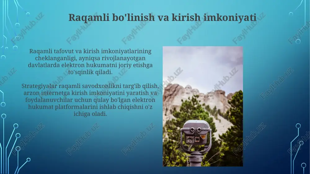 lik tahdidlari: muhim ma'lumotlar va infratuzilmani himoya qilish jamoatchilik ishonchini saqlash uchun muhimdir. raqamli bo'linish: barcha fuqarolar uchun texnologiya va raqamli savodxonlikka teng huquqli kirishni ta'minlash muammo bo'lib qolmoqda. e'tiboringiz uchun rahmat @taqdimot_robot image3.jpg image4.jpg image5.jpg image6.jpg image7.jpg image8.jpg image9.jpg image10.jpg image11.jpg image12.jpg image13.jpg image14.jpg image15.jpg image16.jpg image17.jpg image2.png