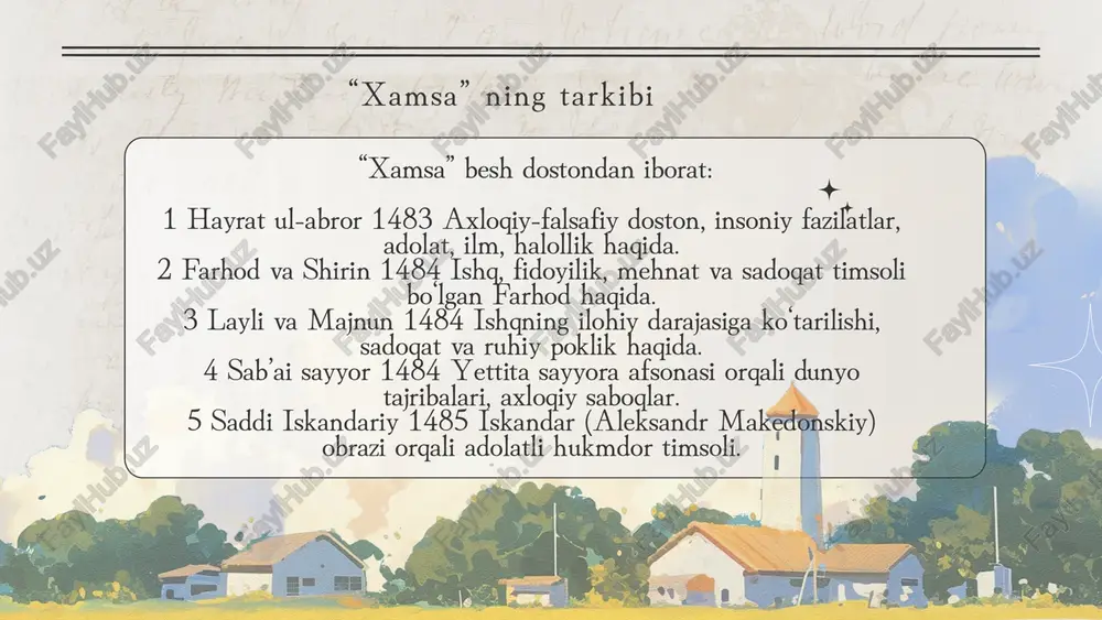 oliy qadriyat sifatida ko‘rsatadi. 1. hayrat ul-abror.aforizm: “kimki elga yaxshilik qilsa, o‘ziga yod o‘rnatgan bo‘lur.”mazmuni:yaxshilik qilish — insonni o‘lmas qiladi. navoiy axloqiy komillikni insonning elga foydali bo‘lishida ko‘radi. 2. farhod va shirin.aforizm: “mehnat qilgan insonning qo‘li muqaddasdir.”mazmuni:farhod obrazida mehnat, fidoyilik va muhabbat timsoli ko‘rsatilgan. navoiy insonni mehnat orqali ulug‘laydi. 3. layli va majnun.aforizm: “haqiqiy ishq — dunyo bandalarining ko‘zi ilg‘amas sirdir.”mazmuni:majnun muhabbati ilohiy darajaga ko‘tariladi. bu ishq — ruhiy poklik va allohga yaqinlik ramzidir. aforizmlar aforizmlar 4. sab’ai sayyor. aforizm: “har bir sayohat — insonni donishmand qiladi.”mazmuni:bahrom gurning sayohatlari orqali navoiy har bir tajriba insonni yetuklikka olib borishini ko‘rsatadi. 5. saddi iskandariy.aforizm: “adolat — davlatning ustuni, zulm esa uning dushmani.”mazmuni:iskandar obrazi orqali navoiy adolatli boshqaruv g‘oyasini ilgari suradi. adolatli shoh — xalq saodati timsolidir. “hamsa” ning ta’siri “xamsa” nafaqat adabiyot, balki falsafa, axloq, madaniyatga ham katta ta’sir ko‘rsatgan. turk, fors, arab, hind adabiyotlarida ko‘plab “xamsanavislar” paydo bo‘lgan. bugungi kunda ham …