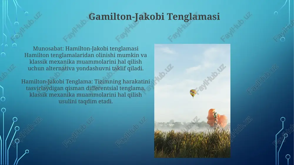 fazolar bo'shligi va fazolar portretlari fazaviy portret: fazaviy fazoda sistemning evolyutsiyasini vizualizatsiya qiladi, vaqt o'tishi bilan traektoriyalarni ko'rsatadi. hamilton tenglamalari: energiya (hamiltonian) va uning hosilalari yordamida tizim dinamikasini tavsiflaydi, vaqt bo'yicha pozitsiya va impulsning o'zgarishini aniqlaydi. hamilton funksiyasi gamilton funksiyasi: umumiy koordinatalar va impulslar yordamida tizimning umumiy energiyasini tavsiflovchi funksiya. munosabat: hamilton tenglamalari hamilton funksiyasidan kelib chiqadi va ular hamilton tomonidan tavsiflangan tizimning dinamikasini boshqaradi. jeneralizatsiyalangan koordinatalarda hamilton tenglamalari bu tenglamalar klassik mexanika uchun asosiy hisoblanadi va murakkab tizimlarni tahlil qilish uchun kuchli asos yaratadi. energiya saqlanishini ifodalaydi va nyutonning harakat qonunlariga tengdir. xulosa gamilton tenglamalari tizimning umumlashtirilgan koordinatalari va impulslarining vaqt o'tishi bilan evolyutsiyasini tasvirlaydi. hamilton tenglamalari eng kam harakat printsipidan kelib chiqadi va nyuton mexanikasiga nisbatan klassik mexanikaning yanada o'ziga xos va qisqa shaklini yaratadi. e'tiboringiz uchun rahmat @taqdimot_robot image3.jpg image4.jpg image5.jpg image6.jpg image7.jpg image8.jpg image9.jpg image10.jpg image11.jpg image12.jpg image13.jpg image14.jpg image15.jpg image16.jpg image17.jpg image18.jpg image19.jpg image2.png