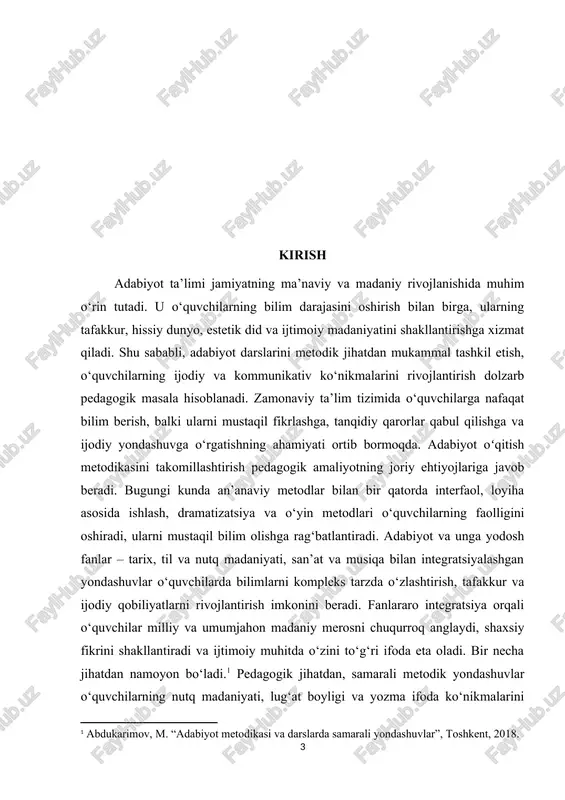 lashtiradi, ularni mustaqil fikrlashga, ijodiy qarorlar qabul qilishga o‘rgatadi. adabiyot oʻqitish metodikasini takomillashtirish va unga yodosh fanlar bilan integratsiyalashgan darslarni ishlab chiqish pedagogik amaliyot uchun dolzarb masala hisoblanadi. milliy ma’naviyatni mustahkamlash va o‘quvchilarda madaniy qadriyatlarni shakllantirish jarayonida adabiyotning o‘rni ortib bormoqda. adabiyot oʻqitish metodikasini yangilash, zamonaviy ta’lim texnologiyalari va fanlararo yondashuvlarni qo‘llash nafaqat ilmiy, balki amaliy nuqtai nazardan ham dolzarb hisoblanadi. kurs ishining ahamiyati adabiyot oʻqitish metodikasi va unga yodosh fanlar bilan integratsiya jarayoni pedagogika va ta’lim sifatini oshirishda muhim ahamiyatga ega. avvalo, bu mavzu o‘quvchilarning shaxsiy va ijtimoiy rivojlanishida markaziy o‘rin tutadi. adabiyot darslarida samarali metodik yondashuvlarni qo‘llash o‘quvchilarning nutq madaniyati, lug‘at boyligi, tafakkur va ijodiy fikrlash ko‘nikmalarini shakllantirishga xizmat qiladi. shu bilan birga, metodik jihatdan to‘g‘ri tashkil etilgan darslar o‘quvchilarda mustaqil fikrlash, tahlil qilish va muammolarni hal etish qobiliyatini rivojlantiradi. adabiyot oʻqitishning ma’naviy va estetik ahamiyati ham katta. u o‘quvchilarda milliy va umumjahon madaniy merosni anglash, insoniy qadriyatlarni …