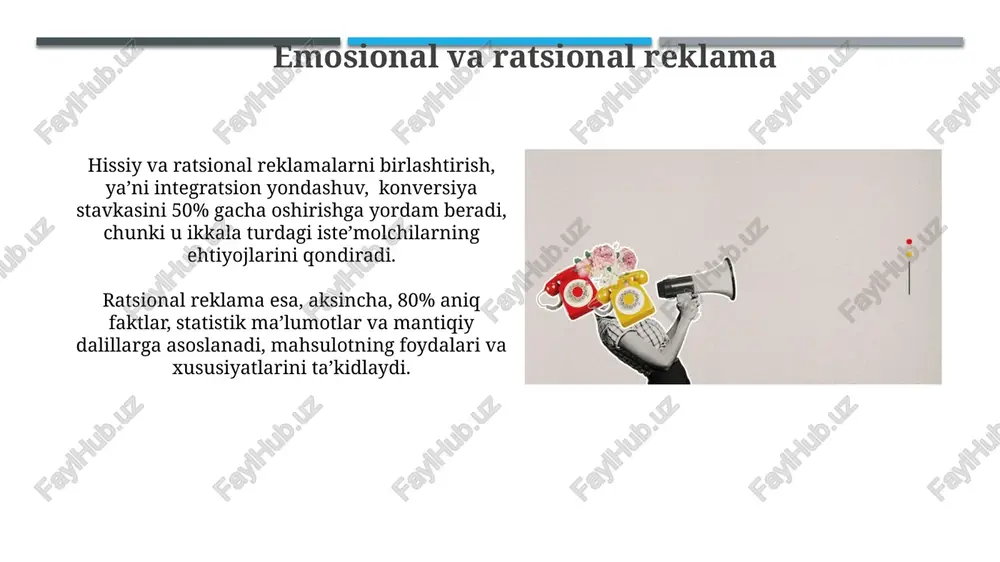 rayonidir. ijtimoiy javobgarlik va reklama yaxshi niyatli kampaniyalar, masalan, atrof-muhitni muhofaza qilish yoki xayriya yordami, 15% gacha ko'proq sotishga olib kelishi mumkin, chunki iste'molchilar ijtimoiy ongli brendlarni afzal ko'rishadi. ijtimoiy mas'uliyatli reklama brendning obro'sini 20-30% ga oshirishi va iste'molchilarning 60% gacha sodiqligiga ta'sir qilishi isbotlangan. nima uchun reklama muhim? muvaffaqiyatli reklama kampaniyalari, marketing strategiyasining ajralmas qismi sifatida, bozor ulushini kengaytirishga va raqobatbardoshlikni kuchaytirishga yordam beradi. reklama, yangi mahsulotlar va xizmatlar haqida ma'lumotni keng auditoriyaga yetkazish imkonini berib, sotish jarayonini tezlashtiradi va daromadni oshiradi. e'tiboringiz uchun rahmat @taqdimot_robot image1.jpg image2.jpg image3.jpg image4.jpg image5.jpg image6.jpg image7.jpg image8.jpg image9.jpg image10.jpg image11.jpg image12.jpg