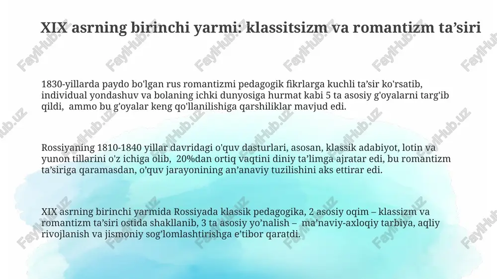 ing rivojlanishi bilan bog‘liq holda, didaktika va metodika masalalari bo‘yicha birinchi ilmiy asarlar paydo bo‘la boshladi, ular asosan klassik ta’lim an’analariga asoslangan edi. xviii asrda, peter i ning 1714 yilda navigatsiya maktabini ochishi rossiyada sekulyar ta’limning rivojlanishiga va pedagogik fikrning shakllanishiga katta turtki bo‘ldi, 18-asrda yangi pedagogik g‘oyalar paydo bo‘ldi. xix asrning ikkinchi yarmi: realizm va pozitivizmning ta’siri pozitivizmning ta'siri natijasida ta'limda psixologiya va fiziologiyaga asoslangan eksperimental tadqiqotlar soni 1870 yillardan boshlab 3 baravar oshgan. xix asrning ikkinchi yarmida rossiyada realizm ta'siri ostida 20 dan ortiq yangi pedagogik jurnallar tashkil etilib, ularda amaliy ta'lim masalalari muhokama qilingan. 1880 yillardagi maktab islohotlari realizm va pozitivizm g'oyalariga asoslangan bo'lib, ular 6 yillik boshlang'ich ta'limni joriy etishni nazarda tutgan. sovet davrida pedagogikaning rivojlanishi 1960-1980 yillardagi maktab islohotlari dasturida yangi didaktik printsiplar, xususan, shaxsiy yondashuv va taraqqiyotga yo'naltirilgan ta'limga alohida e'tibor berildi. sovet davrida 1930-yillarda kollektiv ta'lim usullarining joriy etilishi bilan bog'liq katta miqyosdagi …