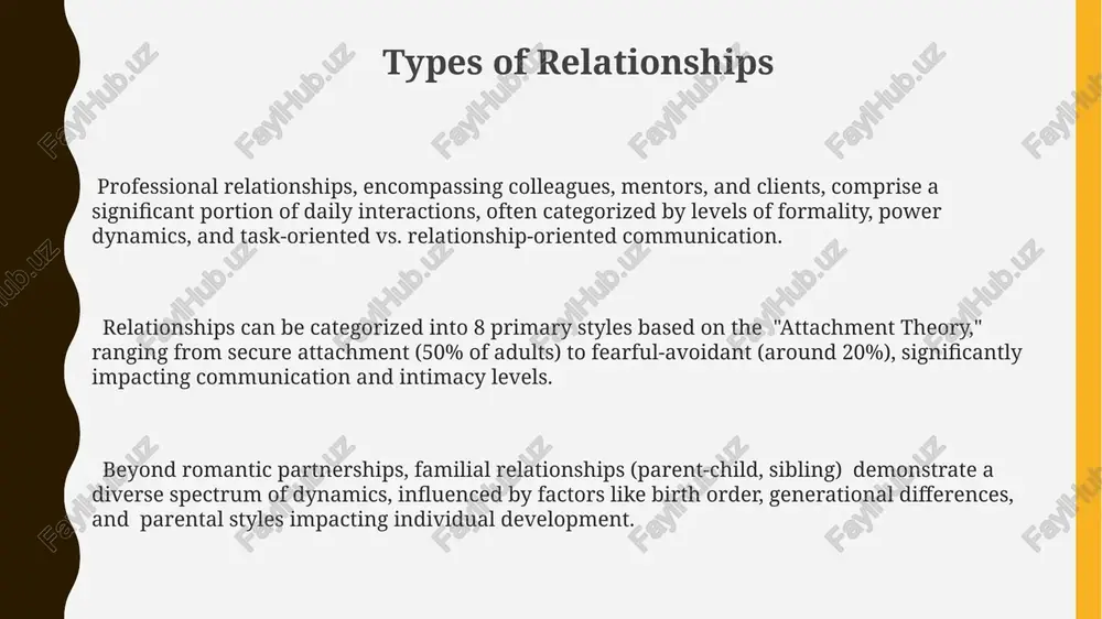 , anxious-preoccupied, dismissive-avoidant, and fearful-avoidant, significantly impact conflict resolution, with studies showing over 60% of relationship issues stemming from incompatibility in these styles. financial stress contributes to 30-40% of relationship problems, often leading to increased arguments and decreased intimacy due to the pressure of debt, budgeting conflicts, and differing spending habits. building healthy relationships practice active listening, demonstrating empathy by reflecting back what you hear to ensure understanding. misunderstandings account for approximately 60% of relationship conflicts. shared activities and experiences, at least 2-3 times per week, significantly boost intimacy and connection. these shared moments create positive memories and strengthen your bond. effective communication is key; aim for a 5:1 ratio of positive to negative interactions to foster a strong emotional bond and build resilience against conflict. this helps maintain a healthy relationship dynamic. thank you for your attention @taqdimot_robot