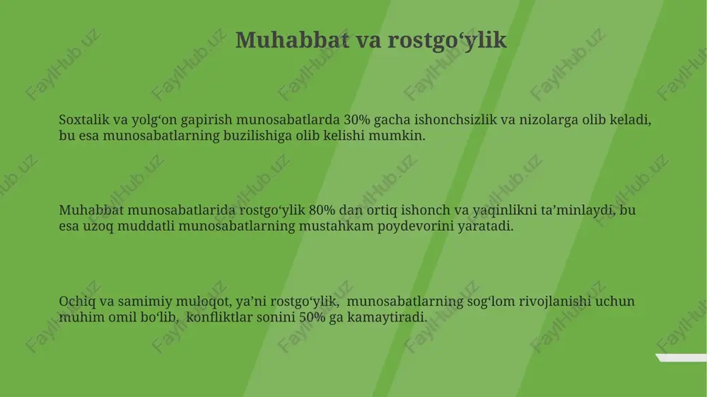 ishi isbotlangan. doimiy yolgʻon gapirish, 70% hollarda munosabatlarning buzilishiga, hissiy masofalanishga va sheriklar oʻrtasidagi chuqur ishonchsizlikka olib keladi. tadqiqotlar shuni koʻrsatadiki, yolgʻonning katta miqyosdagi taʼsiri munosabatlarning barqarorligiga tahdid soladi va ajralish ehtimolini 55% ga oshiradi. sogʻlom munosabatlarning belgilari sogʻlom munosabatlarda sheriklar oʻzaro qoʻllab-quvvatlash va birgalikda muammolarni hal qilishga tayyor boʻlishlari, 3:1 nisbatda ijobiy va salbiy munosabatlarni saqlashlari kerak. ishonch va hurmat — sogʻlom munosabatlarning asosiy tarkibiy qismlari hisoblanadi. ular 70% dan ortiq munosabatlarning uzoq muddatli barqarorligini ta'minlaydi. sogʻlom munosabatlarda ochiq muloqot muhim ahamiyatga ega boʻlib, kamida kuniga 15 daqiqa sifatli vaqt ajratish his-tuygʻularni ifoda etish va bir-birini tushunishga yordam beradi. baxtli munosabatlarning kaliti muvaffaqiyatli munosabatlarning 70% – bir-birini tinglash va tushunishga, 30% esa o‘zaro kompromisslarga va qabul qilishga bog‘liq. baxtli munosabatlarning kaliti – bu ochiq va samimiy muloqot, kamida haftada 2 marta birgalikda vaqt o‘tkazish va o‘zaro hurmatga asoslangan 5ta asosiy qoidalarga amal qilishdir. munosabatlardagi ishonchlilik darajasi – o‘zaro his-tuyg‘ularning …