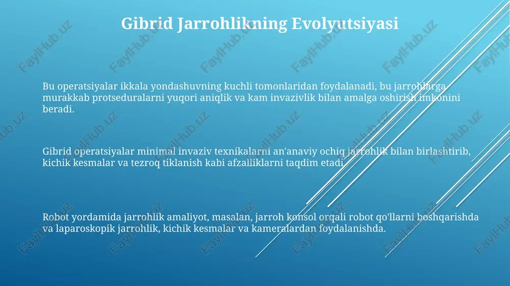 minimal invaziv texnikalar: gibrid jarrohlik minimal invaziv texnikalarni robot yordamiga birlashtiradi, bu esa kamroq og'riq, tezroq tiklanish vaqtlari va operatsiyaning aniqligi oshishiga olib keladi. texnologiyaning gibrid operatsiyalardagi roli gibrid jarrohliklar minimal invaziv texnikalarni ochiq jarrohlik bilan birlashtiradi, bu esa invazivlikni kamaytirish va vizualizatsiyani yaxshilash kabi afzalliklarni taqdim etadi. hibrid jarrohlikda qo'llaniladigan texnologiyalar misollari: robot qo'llar, 3d tasvirlash va kengaytirilgan haqiqat tizimlari. texnologiya gibrid jarrohliklarda muhim rol o'ynaydi, chunki u real vaqtda tasvirlash, navigatsiya tizimlari va robot yordamini ta'minlaydi. gibrid jarrohliklarning afzalliklari kam invaziv, tez tiklanish va kam og'riq. shaxsiylashtirilgan yondashuvni taklif etadi, davolanishni har bir kishining ehtiyojlariga moslashtiradi. robotlarning aniqligi va jarrohlarning tajribasini birlashtiradi. gibrid jarrohlikning qiyinchiliklari va cheklovlari texnik qiyinchiliklar: turli jarrohlik usullarini va texnologiyalarni birlashtirish murakkab bo'lishi mumkin, bu esa maxsus o'qitish va jihozlarni talab qiladi. cheklangan imkoniyatlar: gibrid jarrohlik muassasalari va mutaxassislarga kirish imkoniyati cheklangan bo'lishi mumkin, bu esa bemorlarning ushbu innovatsion protseduralarga kirish imkoniyatini cheklaydi. xarajatlarni …