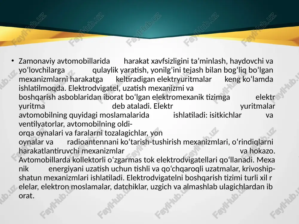k 10 dan o‘tmasdan boradigan i holatga keltiriladi. tozalovchi cho‘tkalar tezligini oshirish uchun almashlab ulagichning kontakt lappagi boshqa holatga keltiriladi (ii holat), bu holda elektrodvigatel uyg‘otish chulg‘amining parallel g‘altagi zanjiriga qarshilik 10 ulanadi. uyg‘otish zanjirida tok kuchining susayishi, uyg‘otish magnit oqimini kamaytiradi, natijada yakor aylanishlar chastotasi ortadi. almashlab ulagich o‘chirilgandan keyin ham (0 holat), plastina 16, kontakt lappak 11 ning kesilgan joyiga o‘rnashguncha elektrodvigatel ishlab turadi. doimiy magnitli elektrodvigatelga ega bo‘lgan sl-136 belgili oynatozalagich elektr yuritmasining sxemasi keltirilgan. bu turdagi oynatozalagichlarning o‘ziga xos tomoni shundan iboratki, ularda tozalovchi cho‘tkalarning kichik va katta tezlikda harakatlanishi bilan birga to‘xtab-to‘xtab harakatlanish rejimida ishlashi ham ko‘zda tutilgan. oynatozalagichni to‘xtab-to‘xtab harakatlanish rejimi almashlab ulagich i ning iii holatga qo‘yilishi bilan amalga oshiriladi. bu holda elektrodvigatelning yakor zanjiriga rele 7 ulanadi. releda qizdiruvchi spiral 8 bo‘lib, u termobimetall plastina 9 ni qizdiradi. bimetall plastina qizishi davomida yuqori tomonga egiladi va kontaktlar 10 ni uzadi. bu, o‘z …