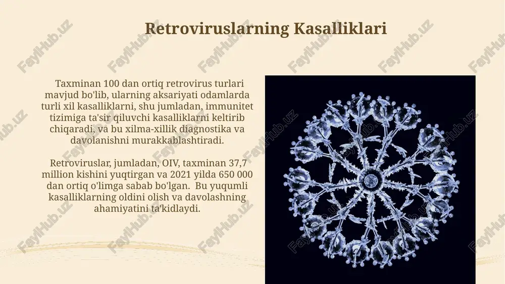 terapiya (art) virus replikatsiyasini sezilarli darajada kamaytirib, yuqum ehtimolini pasaytiradi. retrovirus infektsiyalarini davolashda cd4+ t-hujayralar sonining 500/mm³ dan pastga tushishi va virus yukining ko'tarilishi kabi klinik ko'rsatkichlar muhim rol o'ynaydi. retroviruslarga qarshi kurash usullari retrovirus infektsiyasini oldini olish uchun profilaktika choralari, masalan, xavfsiz jinsiy aloqa va giyohvand moddalarni in'ektsiya yo'li bilan iste'mol qilishdan saqlanish, infektsiyaning tarqalishini sezilarli darajada kamaytirishi mumkin. cd4+ t-hujayralar sonining 200/mm³ dan past bo'lishi opportunistik infektsiyalar xavfini oshiradi, shuning uchun yaartni boshlash va immunitet tizimini qo'llab-quvvatlash juda muhimdir. o‘zgaruvchanligi va evolyutsiyasi retroviruslarning yuqori mutatsiya tezligi (taxminan 10 −4 — 10 −5 xatolik darajasi) ularning tez evolyutsiyasiga va immun tizimidan qochishga olib keladi. rekombinatsiya hodisasi ikki yoki undan ortiq retrovirus genomlarining qayta birlashuvi natijasida yangi virus variantlarining paydo bo‘lishiga hissa qo‘shadi. e'tiboringiz uchun rahmat @taqdimot_robot image2.jpg image3.jpg image4.jpg image5.jpg image6.jpg image7.jpg image8.jpg image9.jpg image10.jpg image11.jpg image12.jpg image13.jpg