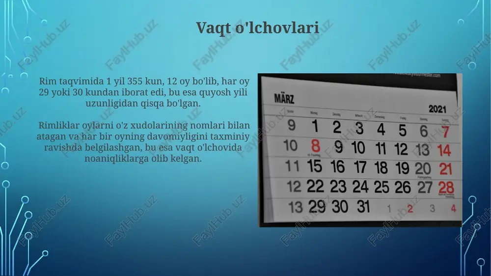 keltirib chiqargan va vaqtning o'tishi bilan katta xatolarga olib kelgan. taqvimda "leap year" (kabisa yili) tizimi yo'qligi tufayli, fasllar bilan taqvim oylari orasidagi nomuvofiqlik vaqt o'tishi bilan 10 kun va undan ham ko'proqqa yetishi mumkin edi. oy hisobi o'y hisobi, rim taqvimida 1 dan 12 gacha bo'lgan oylarni ifodalashda, har bir oyga mos keladigan raqamlar bilan ifodalanadi va bu raqamlar rim raqamlari yordamida yoziladi. oy hisobi tizimi, rim taqvimining muhim tarkibiy qismi bo'lib, yilda 12 oy, har biri o'ziga xos nomlar va rim raqamlari bilan belgilanadi. misol uchun, i - yanvar, ii - fevral va hokazo. e'tiboringiz uchun rahmat @taqdimot_robot image3.jpg image4.jpg image5.jpg image6.jpg image7.jpg image8.jpg image9.jpg image10.jpg image11.jpg image12.jpg image13.jpg image14.jpg image2.png