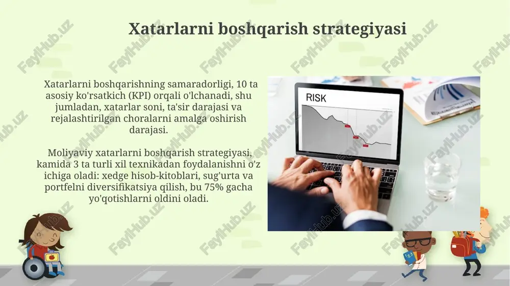 boshqarish rejasi xatarlarni boshqarish rejasida kamida 3 ta asosiy xavf guruhi (masalan, moliyaviy, operatsion, huquqiy) aniqlanib, har biri uchun alohida ta’sir darajasi va ehtimolligi baholanadi. reja, xatarlarni kamaytirish bo’yicha 5 dan ortiq amaliy choralarni, shu jumladan, ularning amalga oshirish muddatlari va mas’ullarini o’z ichiga olishi kerak. ta'sirini baholash ta'sirni baholashda 5 dan ortiq potentsial xavf manbalarini aniqlash va ularning ehtimolligini 1 dan 10 gacha bo'lgan shkala asosida baholash muhim ahamiyatga ega. ta'sirni baholash jarayonida kamida 3 ta turli senariyni o'rganib, har birining iqtisodiy va ijtimoiy oqibatlarini 1 million aqsh dollari miqdorida ifodalash mumkin. xatar manbalarini aniqlash xatar manbalarini aniqlashda kamida 5 ta asosiy xavf omilini aniqlash va ularning ehtimolligi va ta'sirini 1-5 ball shkalasi bo'yicha baholash tavsiya etiladi. xatar manbalarini aniqlash jarayonida swot tahlili yordamida 20% ichki va 80% tashqi omillarni hisobga olish samarali natijalarga olib keladi. xatarlarni qabul qilish moliyaviy xatarlarni qabul qilishda, potentsial yo'qotishlar miqdorini baholash va bu …
