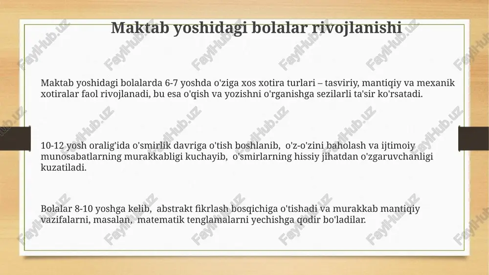 sh psixologiyasining asosiy tushunchalari rivojlanish psixologiyasi 5ta asosiy bosqichga bo'linadi: tug'ilishdan 2 yoshgacha, 2-7 yosh, 7-11 yosh, 11-18 yosh va 18 yoshdan keyingi davrlar, har biri o'ziga xos xususiyatlarga ega. temperament va fe'l-atvor kabi individual farqlar bolaning rivojlanishiga sezilarli ta'sir ko'rsatadi, genetik va atrof-muhit omillarning o'zaro ta'siri natijasida shakllanadi. kognitiv rivojlanish nazariyasi, masalan, pyaajening ishlari, bolaning fikrlash qobiliyatining 4 bosqichda rivojlanishini ta'kidlaydi: sensor-motor, preoperatsion, konkret operatsion va formal operatsion. e'tiboringiz uchun rahmat @taqdimot_robot image3.png image4.png
