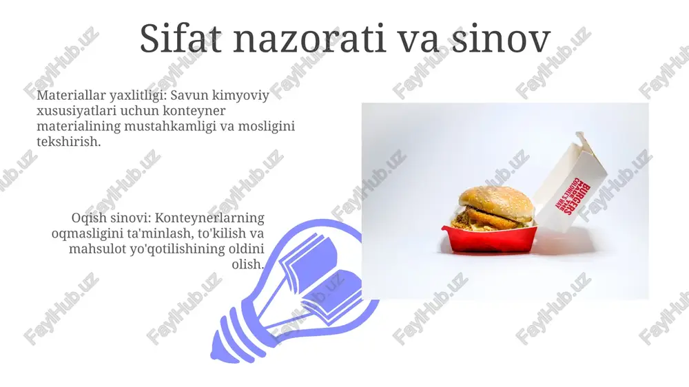 ha. qadoqlash qoidalari va standartlari mahsulot va iste'molchi xavfsizligi standartlariga javob berishi kerak. mahsulot yorlig'ida tarkibiy qismlar, ogohlantirishlar va qo'llanma ko'rsatmalari bo'lishi kerak. to'ldirish va muhrlash jarayonlari to'ldirish: suyuq sovunlar nasos yoki tortish kuchi yordamida to'ldiriladi, qattiq sovunlar esa ko'pincha kesilib, o'raladi. suyuq sovunlar odatda shisha, bankalar yoki paketlarda, qattiq sovunlar esa ko'pincha tayoqchalar, qutilar yoki qalay qutilarda qadoqlangan. suyuq sovun idish materiallari shisha idishlar, bankalar, naychalar, nasoslar, qopqoqlar, yorliqlar plastik (pet, hdpe, ldpe), shisha, metall (alyuminiy, qalay) e'tiboringiz uchun rahmat @taqdimot_robot image4.jpg image5.jpg image6.jpg image7.jpg image8.jpg image9.jpg image10.jpg image11.jpg image12.jpg image13.jpg image14.jpg image15.jpg image16.jpg image17.jpg image18.jpg image19.jpg image20.jpg image1.jpeg image2.jpeg image3.jpeg