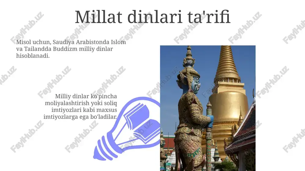 m va globalizatsiyaning o'sishi milliy dinlarning ustunligini qiyinlashtirmoqda. milliy dinlarning tarixiy rivojlanishi milliy dinlarni rivojlanishining asosiy omillari birlik, madaniy o'ziga xoslik va xorijiy ta'sirlardan qarshilik istagi hisoblanadi. millat dinlari diniy e'tiqodlarning milliy identifikatsiya bilan qo'shilishidan, ko'pincha siyosiy harakatlar yoki hukmdorlar bilan bog'liq holda paydo bo'ldi. e'tiboringiz uchun rahmat @taqdimot_robot image4.jpg image5.jpg image6.jpg image7.jpg image8.jpg image9.jpg image10.jpg image11.jpg image12.jpg image13.jpg image14.jpg image15.jpg image16.jpg image17.jpg image18.jpg image19.jpg image20.jpg image1.jpeg image2.jpeg image3.jpeg