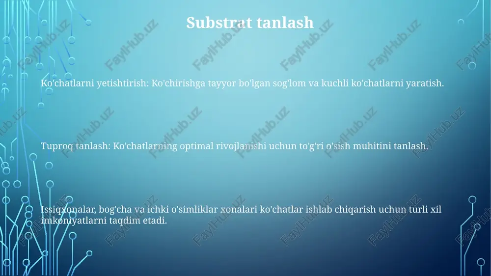 larni ommaviy ravishda ekish uchun ishlatiladigan katta, sayoz, alohida hujayralari bo'lmagan tovoqlar. urug'larni ekish uchun mo'ljallangan kichik, modulli idishlar bo'lib, ular har bir urug' uchun alohida hujayralarga ega. ko'chatlarni yetishtirish uchun mo'ljallangan inshootlarga issiqxonalar, soyabonli uylar va yopiq o'simlik yetishtirish xonalari kiradi. o'stirish xonalari ko'chatlarning rivojlanishi uchun ideal sharoitlarni ta'minlashga qaratilgan. o'simliklarni optimal ravishda o'stirish uchun mo'ljallangan yopiq joylar. keng tarqalgan turlari: unib chiqish xonalari, ko'chat idishlari va ko'paytirish cho'klari. objekt turlari ko'chat idish va taktalar: ko'chatlarni samarali tarzda ko'paytirish uchun mo'ljallangan idishlar. issiqxona inshootlari: ko'chatlarning optimal o'sishi uchun nazorat qilinadigan muhit. bolalar bog'chasi qurilmalari: ko'chatlar uchun turli darajadagi himoyaga ega ochiq havo inshootlari. barqarorlik jihatlari ko'chatlarni ishlab chiqarish: samarali va barqaror ko'chatlar ishlab chiqarish uchun maydonni ishlatish, iqlimni boshqarish va avtomatlashtirish kabi omillarni hisobga oling. issiqxonalar, ko'chatxonalar, ichki vertikal fermalar va nazorat qilinadigan muhitda dehqonchilik (cea) tizimlari. barqarorlik masalalari: resurslarni (suv, energiya) minimal darajada ishlatish, chiqindilarni boshqarishni optimallashtirish va …