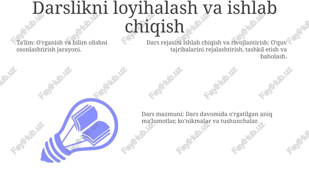 muni: fan, ko'nikmalar, bilim, qadriyatlar, munosabatlar. farqlantirish darsligi ta'lim maqsadlari va erishish kerak bo'lgan vazifalar. har bir talabaning ehtiyojlariga mos ravishda ta'limni shaxsiylashtirish. har bir talabaning ehtiyojlariga mos ravishda ta'limni shaxsiylashtirish. o'quv maqsadlari va natijalar dars/ta'lim mazmuni: qamrab olinishi kerak bo'lgan aniq mavzu, ko'nikma va bilimlarni ko'rsating. baholash strategiyalari: talabalarning o'rganishini qanday o'lchash va baholashni tavsiflang. dars maqsadlari va natijalari: talabalar darsdan keyin nimani bilishi va qila olishi kerakligini aniq belgilang. e'tiboringiz uchun rahmat @taqdimot_robot image1.jpeg image2.jpeg image3.jpeg