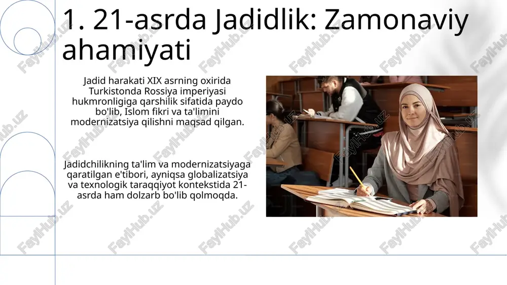 i. jadid harakati turkistonning islom va madaniy identifikatsiyasining pasayishiga javoban islohchilik harakati sifatida paydo bo'ldi. 13.jadid nashrlari: g'oyalar va bahslar ushbu nashr turkistondagi isloh va ma'rifat davri bo'lgan jadid harakati haqida. kitob jadid harakati ning muhim shaxslari, intellektual oqimlari va ijtimoiy ta'sirini birlamchi manbalar va ilmiy nuqtai nazarlarni tahlil qilish orqali yoritib beradi. 14.usmonli imperiyasida islom modernizmi ko'tarilishi turkistondagi jadid harakati: modernlashtirish va ta'lim islohotlarini himoya qildi, islomiy bilimlar bilan bir qatorda yangi o'qitish usullari va dunyoviy fanlarni qo'lladi. usmonli imperiyasida islom modernizmining ko'tarilishi: g'arb ta'siri va modernizatsiyasiga javob, islom doirasida ta'lim va islohotlarga e'tibor qaratilgan. 15.jadid ziyolilar: ta'lim va isloh harakat nashrlar, maktablar va jamoatchilik tashabbuslari orqali tarqalib, turkiy ziyolilardan iborat avlodlarga ta'sir ko'rsatib, ma'rifat ruhiyatini rivojlantirdi. jadid harakati an'anaviy islom ta'limi turg'unligining sezilib turganligi sababli, ijtimoiy va madaniy islohotlarni maqsad qilib olib paydo bo'ldi. 16.islohning dastlabki urug'lari: jadidizmga oldingi davrlar islomchilik va salafiylik kabi jadidgacha bo'lgan ta'sirlar. jadidchilikning …