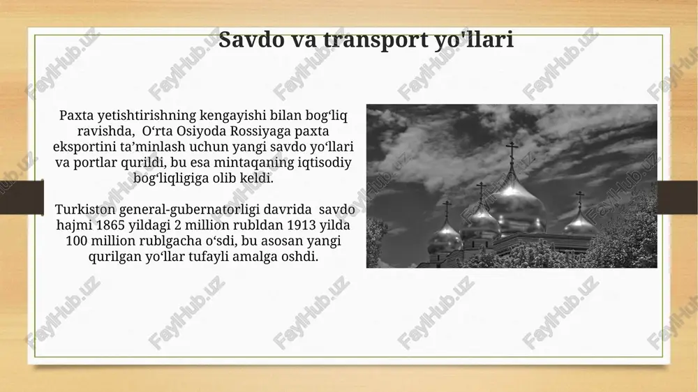 qilindi. yerlarning rossiya imperiyasi mulkiga o'tkazilishi natijasida, 19-asr oxiriga kelib, dehqonlarning 70% dan ortig'i yersiz qoldi, bu esa ularning ijtimoiy-iqtisodiy ahvolini keskin yomonlashtirdi. rossiyalashtirish siyosati rossiyalashtirish siyosati doirasida 1880-yillardan boshlab, 5000 dan ortiq rus muhojirlari central osiyoda yer egalari sifatida joylashtirildi, bu yerli dehqonlarning yerlarini tortib olinishiga olib keldi. rossiyalashtirish siyosati 19-asr oxiri va 20-asr boshlarida 30 dan ortiq yangi shaharlarning qurilishiga olib keldi, bu esa mahalliy aholi uchun yangi ijtimoiy va iqtisodiy tuzumni yaratdi. qo'qon xonligining qulashi xonlikning qulashi mahalliy aholi uchun ijtimoiy-iqtisodiy inqirozga, yerlarning tortib olinishiga va milliy madaniyatning bostirilishiga olib keldi, bu jarayon ikki yildan ortiq davom etdi. qo‘qon xonligining 1876-yilda rossiya imperiyasi tomonidan bo‘ysundirilishi, 100 yildan ortiq davom etgan xonlik tarixining yakuniga va mintaqada geosiyosiy o‘zgarishlarga sabab bo‘ldi. qarshilik va isyonlar turkiston general-gubernatorligi davrida, 1880-yillarning oxirida, mahalliy aholi tomonidan amalga oshirilgan 50 dan ortiq qurollangan qarshilik harakatlari hujjatlashtirilgan bo'lib, ularning aksariyati yer solig'i va majburiy mehnatga …