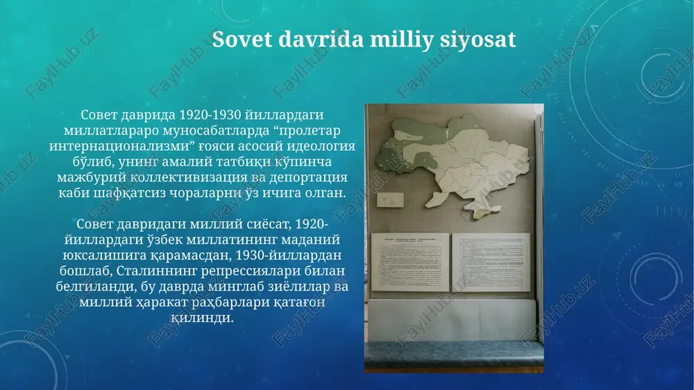 sh siyosati natijasida shaharlarda ishchi sinfi sonining keskin oʻsishi, ammo ularning turmush darajasi pastligi va ijtimoiy ta’minotning yetarli emasligi muammosi yuzaga keldi. beshyillik rejalarning amalga oshirilishi natijasida ogʻir sanoatning tez sur’atlarda rivojlanishi, 1930-yillarda temir yoʻl tarmogʻining kengayishi va yangi zavodlarning qurilishi kuzatildi. sovet hokimiyatining o'rnatilishi sovet hokimiyatining o'rnatilishi 1917 yil oktyabr inqilobidan keyin rossiya imperiyasining parchalanishi va fuqarolar urushi davrida amalga oshirildi, bu esa mamlakatda 10 yildan ortiq davom etgan tartibsizliklarga olib keldi. bol'sheviklarning yutuqlari, 70 million kishilik aholini nazorat qilish uchun ma'muriy apparatni qurish, yangi iqtisodiy siyosat (nep) kabi choralar bilan muhim rol o'ynadi. repressiya va terror kollektivlashtirish siyosati natijasida millionlab dehqonlar qatagʻon qilindi, yerlarini tortib olindi, oziq-ovqat yetishmovchiligi va ocharchilikka duchor boʻlishdi. 1930-yillardagi “katta terror” davrida millionlab odamlar qatagʻon qilinib, otib tashlandi yoki gulag lagerlariga yuborildi, bu esa mamlakat aholisining demografik tuzilmasini jiddiy oʻzgartirdi. kollektivlashtirish va uning oqibatlari 1932-1933 yillardagi golodomor ("ocharchilik") qurbonlarining soni 3-10 million kishi deb …