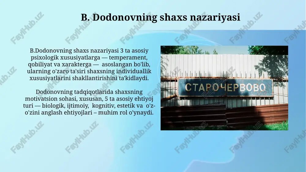 oslanib, shaxsiyatning rivojlanishini motivatsion-maqsadli mexanizmlar orqali tushuntiradi. lomososovning "shaxsiy makon" tushunchasi, 4 ta asosiy parametr – yaqinlik, masofa, ochiqlik va yopiqlik orqali shaxslararo munosabatlarni tahlil qilish imkonini beradi. zamonaviy psixologiyadagi ahamiyati dodonov va lomososovning tadqiqotlari shaxsning motivatsion sohalarini 70% dan ortiq aniqlik bilan bashorat qilish imkonini beradigan statistik usullarni ishlab chiqdi, bu klinik amaliyot uchun muhimdir. rus psixologlarining nazariyalari, masalan, leontyevning faoliyat nazariyasi, shaxs rivojlanishining ijtimoiy-madaniy kontekstini 20-asrning o'rtalaridan boshlab ta'kidlab, zamonaviy psixologiyaga sezilarli hissa qo'shdi. e'tiboringiz uchun rahmat @taqdimot_robot image2.jpg image3.jpg image4.jpg image5.jpg image6.jpg image7.jpg image8.jpg image9.jpg image10.jpg image11.jpg image12.jpg image1.png