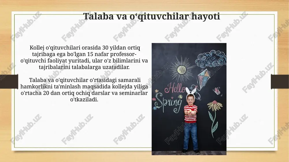 v yurtlariga o'qishga kirgan. raqamli taʼlim “raqamli taʼlim”ning samaradorligini oshirish maqsadida samarqand pedagogika maktabi har yili o‘qituvchilar uchun 30 soatdan ortiq malaka oshirish kurslarini, jumladan, yangi it-texnologiyalar bo‘yicha treninglarni tashkil etadi. “raqamli taʼlim” samarqand pedagogika maktabida 100 dan ortiq interfaol taxtalar va zamonaviy kompyuter texnologiyalari bilan jihozlangan 20 dan ziyod maxsus o‘quv xonalarining mavjudligini nazarda tutadi. zamonaviy infratuzilma zamonaviy kutubxona fondi 15 mingdan ortiq kitob va elektron nashrlarni o'z ichiga olib, talabalarning ilmiy-tadqiqot ishlarini olib borish imkoniyatini kengaytiradi. samarqand pedagogika maktabining zamonaviy infratuzilmasi 500 dan ortiq talabalarga qulay sharoitlar yaratgan holda, 20 dan ziyod zamonaviy jihozlangan o'quv xonalariga ega. zamonaviy pedagogika maktabi zamonaviy pedagogika maktabi bitiruvchilarining 90% dan ortig'i ta'lim tizimining turli sohalarida muvaffaqiyatli faoliyat yuritmoqda, bu maktabning yuqori sifatli ta'lim standartlarini tasdiqlaydi. zamonaviy pedagogika maktabi 100 dan ortiq professor-o'qituvchilarni, shu jumladan 20 dan ziyod fan doktori va professorlarni o'z ichiga oladi, ular zamonaviy ta'lim texnologiyalari va innovatsion pedagogik yondashuvlarni …