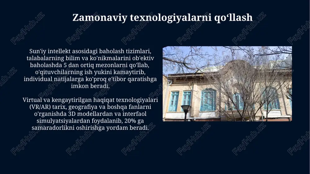 irtual va qo‘shma o‘quv muhitlari, shuningdek, sun’iy intellekt imkoniyatlaridan foydalanish orqali o‘quv jarayonini individualizatsiyalashga alohida e’tibor qaratilmoqda. pedagoglarni tayyorlashda 21-asr ko‘nikmalari, jumladan, raqamli savodxonlik va muammoyechuvchi fikrlash kabi 5 ta asosiy kompetensiyani rivojlantirishga urg‘u berilmoqda. ilmiy-tadqiqot ishlari ilmiy-tadqiqot ishlari doirasida pedagogika sohasidagi muhim muammolar, jumladan, zamonaviy ta'lim texnologiyalari va innovatsion usullarni qo'llash bo'yicha 30 dan ortiq tadqiqot olib borilmoqda. samarqand pedagogika maktabining ilmiy-tadqiqot ishlari yillik rejasiga ko'ra, 2023-yilda 15 dan ortiq ilmiy maqola nashr etilishi va 5 ta ilmiy loyiha amalga oshirilishi rejalashtirilgan. samarqand pedagogika maktabining roli maktab oʻquv rejasi zamonaviy pedagogik texnologiyalar, shu jumladan, interaktiv oʻqitish uslublari va axborot-kommunikatsiya texnologiyalaridan foydalanishni oʻz ichiga oladi, bu esa oʻqituvchilarning malakasini oshirishga xizmat qiladi. samarqand pedagogika maktabi bitiruvchilari respublikaning 12 ta viloyatida faoliyat yuritmoqda va ularning 70% dan ortig'i ta’lim muassasalarida rahbar lavozimlarida ishlaydi. e'tiboringiz uchun rahmat @taqdimot_robot image5.jpg image6.jpg image7.jpg image8.jpg image9.jpg image10.jpg image11.jpg image12.jpg image13.jpg image14.jpg image15.jpg image16.jpg image1.jpg