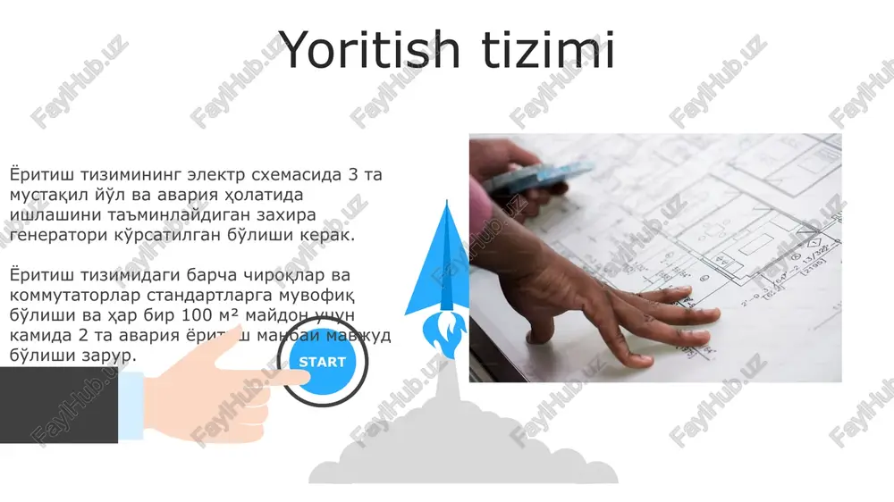 'moli hisobi elektr energiyasi iste'molini hisoblashda 3 fazali elektr hisoblagichlardan foydalanish, aniqroq ma'lumot olish va 1 kvt dan yuqori quvvatli jihozlar uchun alohida hisobga olishni ta'minlaydi. har oylik elektr energiyasi iste'moli hisobotida, 10% dan ortiq o'sish kuzatilsa, energiya tejash choralari bo'yicha tahlil va takliflar kiritish zarur. 06 05 04 yerlashtirish tizimi 01 02 erlashtirish tizimi kamida 10 omdan kam bo'lgan erlashtirish qarshiligiga ega bo'lishi va himoyalangan hududdagi barcha metall konstruktsiyalarni o'z ichiga olishi kerak. erlashtirish tizimining samaradorligini tekshirish uchun yiliga kamida 2 marta o'lchovlar o'tkazilishi va natijalarni daftarga kiritish talab etiladi. standartlar va me'yorlarga muvofiqligi 0,4 kv dan yuqori kuchlanishli elektr tarmoqlari uchun pue (elektr o'rnatmalarini o'rnatish qoidalari) ning 1.1-bo'limidagi talablarga qat'iy rioya qilish, xavfsizlikni ta'minlash uchun juda muhimdir. iec 60079-14 standartiga muvofiqligi portativ elektr jihozlari uchun xavfsizlik talablarini 1-toifa va 2-toifa gaz muhitlari uchun aniqlaydi va ushbu standartga rioya qilish majburiydir. e'tiboringiz uchun rahmat @taqdimot_robot image5.jpg image6.jpg image7.jpg image8.jpg …
