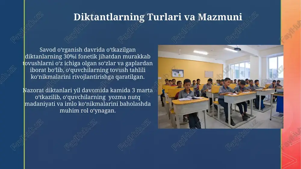 xatolarni aniqlash va ular ustida ishlash muhim ahamiyat kasb etadi. o'rta sinflarda diktantlar baholash mezonlari sifatida imlo xatolari soni, tinish belgilarini qo'llashdagi aniqlik va matnni tushunish darajasi kabi 3-4 ta asosiy ko'rsatkich hisobga olinadi. har bir diktan 10-15 ta murakkab so'z va iboralardan iborat bo'lib, grammatik qoidalar, masalan, fe'l zamonlari yoki ot kelishiklari bilan bog'liq bo'lishi mumkin. diktantlarni tekshirish va baholash diktant natijalarini tahlil qilishda har bir o'quvchi uchun xatolarning turlari va soni bo'yicha statistik ma'lumotlarni yig'ish, keyinchalik ularni o'quv jarayoniga tuzatishlar kiritish uchun 5 tadan ortiq bo'limga bo'lib tahlil qilish muhim. diktantlarni tekshirishda har bir xato turi (orfografik, punktuatsion, stilistik) uchun ball berish tizimini joriy etish, umumiy ballning 30%ini orfografiyaga, 20%ini punktuatsiyaga ajratish samarali bo'ladi. grammatik ko'nikmalarni mustahkamlash grammatik ko'nikmalarni mustahkamlashda 5-7-sinf o'quvchilari uchun sodda va murakkab gap tuzilmalari bilan bog'liq diktantlar qo'llanilgan bo'lib, bu ularning morfologik va sintaksis bilimlarini yanada chuqurlashtirishga yordam berdi. o'quvchilarning grammatik ko'nikmalarini baholash uchun …