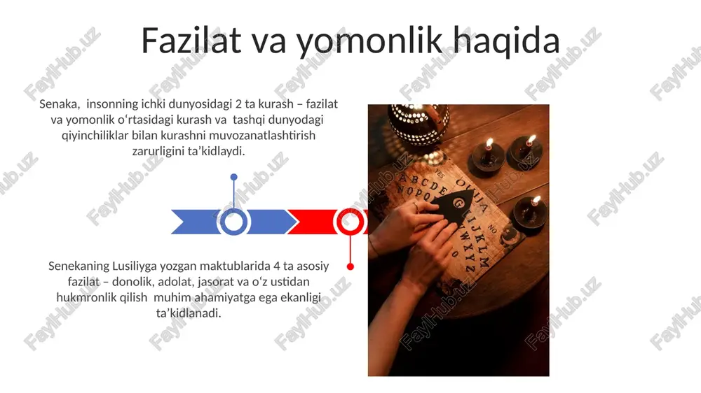 i boyligini oshirish mumkinligini bayon etadi. stoitsizm falsafasi va uning asosiy tamoyillari stoiklar, tashqi omillarga bog'liq bo'lmagan ichki tinchlikka erishish uchun 3 ta yo'lni taklif qilishadi: o'z-o'zini anglash, tabiatga moslashish va taqdirga bo'ysunish. stoitsizmning asosiy tamoyillaridan biri – biror voqea yuz berishiga emas, balki unga bo'lgan munosabatimizga e'tibor qaratish, bu esa 2 ta qarama-qarshi tuyg'uni kamaytiradi: xafa bo'lish va quvonish. jaholat va bilim haqida maktublarda ta'kidlanganidek, jaholatdan bilim sari sayohat 2 yoki undan ortiq yil davom etishi mumkin va bu davrda 5 ta qiyinchilikka duch kelish mumkin. jaholatni 10 ta yolg'on ta'limot orqali tasvirlab, seneca bilimning haqiqiy kuchini ta'kidlaydi va bu kuch 3ta asosiy bosqichdan iboratligini aytadi. taqdir va erkin iroda senekaning lusiliyga yozgan maktublarida taqdirning 30 dan ortiq misoli keltirilgan bo'lib, ular insonning erkin irodasi bilan qanday bog'liqligini ko'rsatadi. insonning ichki dunyosi va tashqi omillar o'rtasidagi munosabatlarni o'rganishda, senekaning 120 dan ortiq maktubi, erkin iroda va taqdir tushunchalariga 50 …