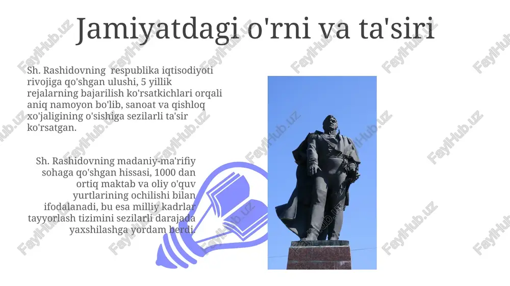 anishi uning faoliyatining dastlabki yillarida kollektivlashtirish jarayonida faol ishtirok etgani va qishloq xo'jaligini rivojlantirishga katta hissa qo'shgani ma'lum. 1930-yillar oxirida rashidov o'zbekiston kommunistik partiyasida yuqori lavozimlarni egallay boshlagan, bu uning tezkor martaba o'sishini ko'rsatadi. sanoatning taraqqiyoti va uning hissasini qo'shishi kimyo sanoati mahsulotlari ishlab chiqarish hajmi 1970 yilda 1960 yilga nisbatan 7 barobarga ortdi, bu mamlakatning kimyoviy xom ashyo va materiallarga bo'lgan ehtiyojini qondirishga sezilarli hissa qo'shdi. paxta tozalash va yog'ochsozlik sanoatlarida yangi korxonalar qurilishi natijasida ish o'rinlari soni sezilarli darajada, taxminan 30% ga oshdi. sh. rashidov davrida o'zbekistonning iqtisodiy ahvoli sanoatning rivojlanishiga qaramay, sh. rashidov davrida o'zbekiston iqtisodiyotining qishloq xo'jaligiga bog'liqligi yuqori bo'lib qolgan va yalpi ichki mahsulotning katta qismini qishloq xo'jaligi tashkil etgan. davr mobaynida yirik sanoat korxonalari qurilgan bo'lsa-da, ularning samaradorligi past bo'lib, texnologiya yangilanishi sust sur'atlarda olib borilgan, bu esa iqtisodiy o'sishni cheklagan. partiya saflarida o'sish va martaba pog'onalari 01 02 sh. rashidov 1920-yillarning oxirida partiya …