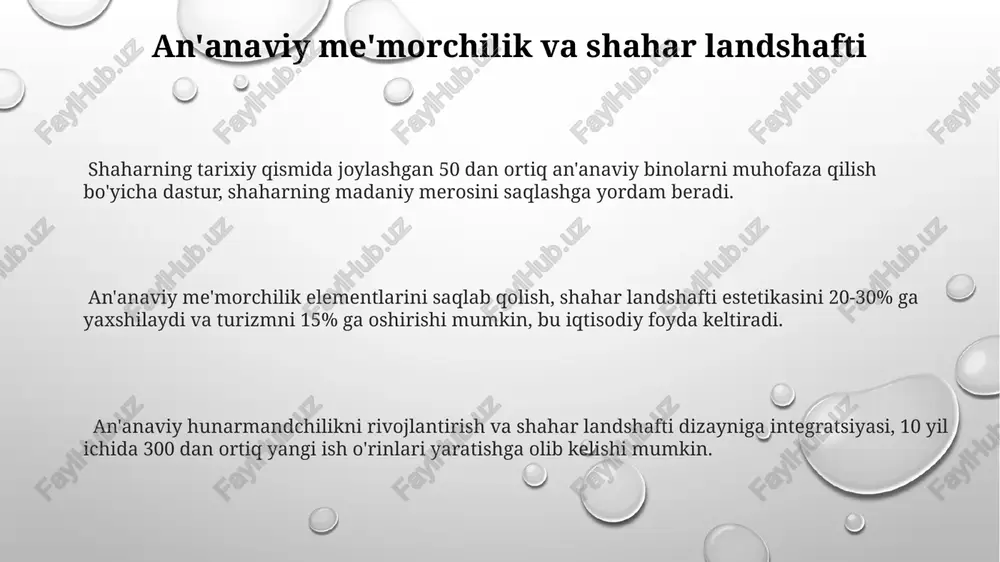shkil etilgan bo'lib, ularda yiliga 5000 dan ziyod tadbir o'tkaziladi. madaniy merosni saqlashda 50 dan ortiq tarixiy binoni restavratsiya qilish va 20 dan ziyod muzey ekspozitsiyalarini yangilash bo'yicha davlat dasturlari amalga oshirilmoqda. madaniy merosni raqamlashtirish dasturi doirasida 1000 dan ortiq tarixiy yodgorliklarga 3d skanerlash va virtual turlar yaratish ishlari bajarildi. an'anaviy qadriyatlarning shahar hayotida saqlanishi shaharlardagi madaniy markazlarning 25% dan kamrog'i an'anaviy san'at va hunarmandchilik kurslarini muntazam ravishda taklif etadi, bu esa yoshlarning an'analar bilan yaqindan tanishishiga to'sqinlik qilmoqda. shahar aholisining 70% dan ortig'i an'anaviy bayramlarni nishonlashni davom ettirayotgan bo'lsa-da, yoshlar orasida an'anaviy urf-odatlarga qiziqishning pasayishi kuzatilmoqda. an'anaviy hunarmandchilikni rivojlantirishga qaratilgan 5 ta davlat dasturi mavjud bo'lib, ularning samaradorligi turli omillarga, jumladan, moliyaviy resurslarga bog'liq. an'anaviy taomlar va ularning ahamiyati an'anaviy taomlarni tayyorlash va targ'ib qilish orqali 500 dan ortiq yangi ish o'rinlari yaratish mumkin, bu esa shahar iqtisodiyotiga ham ijobiy ta'sir ko'rsatadi. an'anaviy taomlar shaharning madaniy merosi hisoblanadi va …