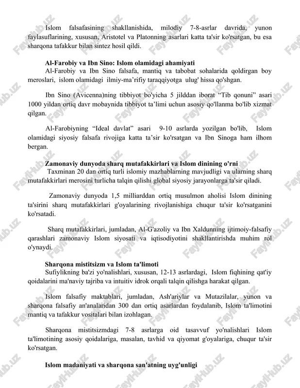 -asrlar davrida, yunon faylasuflarining, xususan, aristotel va platonning asarlari katta ta'sir ko'rsatgan, bu esa sharqona tafakkur bilan sintez hosil qildi. al-farobiy va ibn sino: islom olamidagi ahamiyati al-farobiy va ibn sino falsafa, mantiq va tabobat sohalarida qoldirgan boy meroslari, islom olamidagi ilmiy-ma’rifiy taraqqiyotga ulug' hissa qo'shgan. ibn sino (avicenna)ning tibbiyot bo'yicha 5 jilddan iborat “tib qonuni” asari 1000 yildan ortiq davr mobaynida tibbiyot ta’limi uchun asosiy qo'llanma bo'lib xizmat qilgan. al-farobiyning “ideal davlat” asari 9-10 asrlarda yozilgan bo'lib, islom olamidagi siyosiy falsafa rivojiga katta ta’sir ko'rsatgan va ibn sinoga ham ilhom bergan. zamonaviy dunyoda sharq mutafakkirlari va islom dinining o'rni taxminan 20 dan ortiq turli islomiy mazhablarning mavjudligi va ularning sharq mutafakkirlari merosini turlicha talqin qilishi global siyosiy jarayonlarga ta'sir qiladi. zamonaviy dunyoda 1,5 milliarddan ortiq musulmon aholisi islom dinining ta'sirini sharq mutafakkirlari g'oyalarining rivojlanishiga chuqur ta'sir ko'rsatganini ko'rsatadi. sharq mutafakkirlari, jumladan, al-g'azoliy va ibn xaldunning ijtimoiy-falsafiy qarashlari zamonaviy islom …