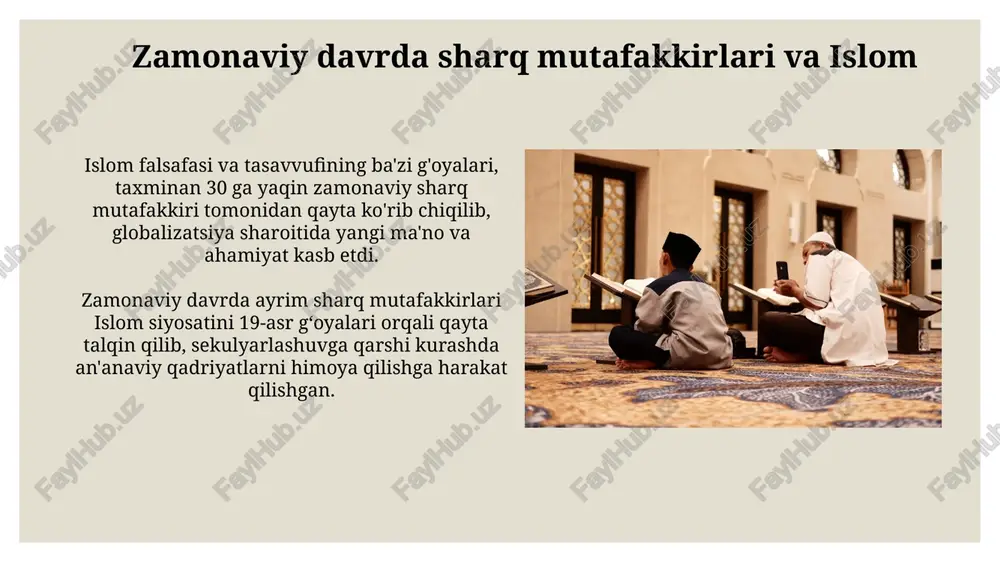 n yaratgan. ibn sino va uning tibbiyotdagi hissasi ibn sino 500 dan ortiq tibbiy asarlar yozgan bo'lib, ulardan eng mashhuri "qonun fi-ttibb" hisoblanadi, bu asar 7 asrdan ortiq davomida tibbiyot ta'limi uchun asosiy qo'llanma bo'lib xizmat qilgan. ibn sino infektsion kasalliklar, jumladan, sil kasalligi to'g'risida o'z davri uchun ilg'or nazariyalarni ishlab chiqqan va ularning davolash usullarini taklif qilgan. rumiy va uning tasavvuf nazariyasi rumiyning ta’limoti, ishq va ma’rifat kabi muhim tushunchalarni birlashtirib, insonda 12 ta fazilatni (masalan, sabr, shukur, tavakkul) rivojlantirish orqali kamolga yetish mumkinligini bayon etadi. uning she’rlari va masnaviylari orqali ifodalangan tasavvuf falsafasi, 3 asosiy qadamni (tazarru’, taqvo, ma’rifat) oʻz ichiga olib, insonni yakuniy haqiqatga yaqinlashtirish yoʻllarini koʻrsatadi. islom ta'limotining sharqona talqini islom ta'limoti sharqona falsafa maktablari, xususan, sufizm orqali 7-13-asrlarda chuqur tahlil qilinib, tasavvuf yo'lida 4 yo'nalishga bo'lindi. sharqona tafsirda qur'onning ramziy va majoziy ma'nolariga, 3 ta asosiy manbaga – ilohiy vahy, payg'ambar hadisi va salaflar ijodining …
