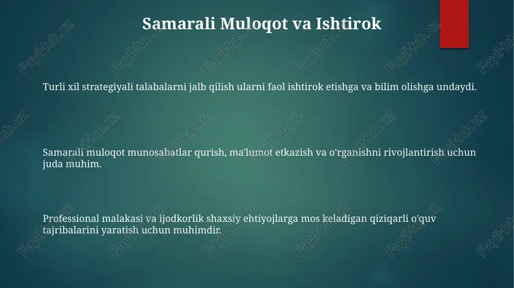 yasi ta'lim va o'qitishni yaxshilaydi. o'qish uchun baholash va fikr-mulohaza o'qish uchun baholash o'qitishni xabardor qiladigan va talabalarning o'sishini ta'minlaydigan doimiy jarayondir. samarali fikr-mulohazalar o'quvchilarga o'zlarining taraqqiyotini tushunish va o'sish uchun maydonlarni aniqlashga yordam beradigan aniq, o'z vaqtida va amalga oshiriladigan ma'lumotlarni taqdim etadi. o'quv va fikr-mulohaza uchun baholashni samarali qo'llaydigan o'qituvchilar pedagogik mahorat va ijodkorlikni namoyon etadi. e'tiboringiz uchun rahmat @taqdimot_robot image1.png image2.png image3.png image4.png image5.png image6.png image7.png image8.png image9.png image10.png