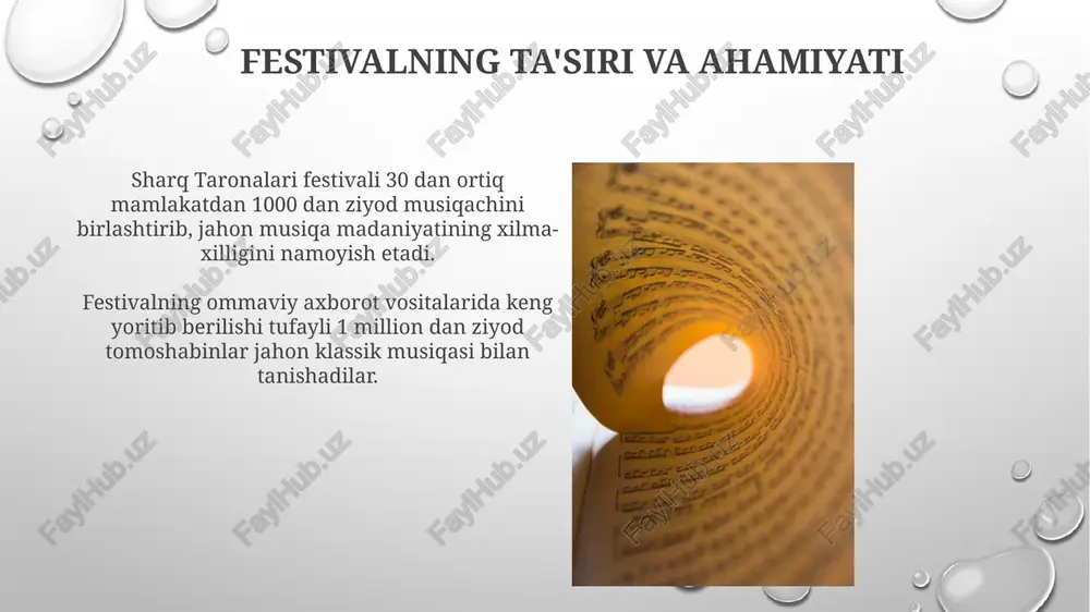 chun noyob manba hisoblanadi. festival dasturi va repertuari sharq taronalari festivalining dasturi har yili 10 dan ortiq mamlakatdan 50 dan ziyod ijrochilarni, turli janrlardagi klassik musiqa asarlarini o'z ichiga oladi. festival repertuarida jahon klassik musiqasi ustalarining – bach, mozart, beethoven, shuningdek, sharq musiqasining taniqli vakillarining asarlari namoyish etiladi. festival tarixi va rivojlanishi festival doirasida o'tkazilgan mahorat darslari va seminarlar soni yildan-yilga o'sib, musiqa ta'limi va madaniy almashinuvga katta hissa qo'shgan. festivalning rivojlanishi davomida ishtirokchilar soni sezilarli darajada oshdi, 20 dan ortiq davlatdan 100 dan ortiq ijrochi ishtirok etgan yillar bo'lgan. festivalda istirok etgan mamlakatlar va musiqachilar sharq taronalari festivalida 30 dan ortiq mamlakatdan 500 dan ziyod musiqachi ishtirok etgan, bu jahon klassik musiqasining keng geografik ko‘lamli vakilligini namoyish etadi. festivalda nafaqat taniqli simfonik orkestrlar, balki an’anaviy milliy cholg‘ular guruhlari ham, jumladan, 10 dan ortiq turdagi milliy musiqa uslublari namoyish etilgan. yetakchi musiqachilar va ularning ijodlari festival doirasida o'tkazilgan master-klasslar va …