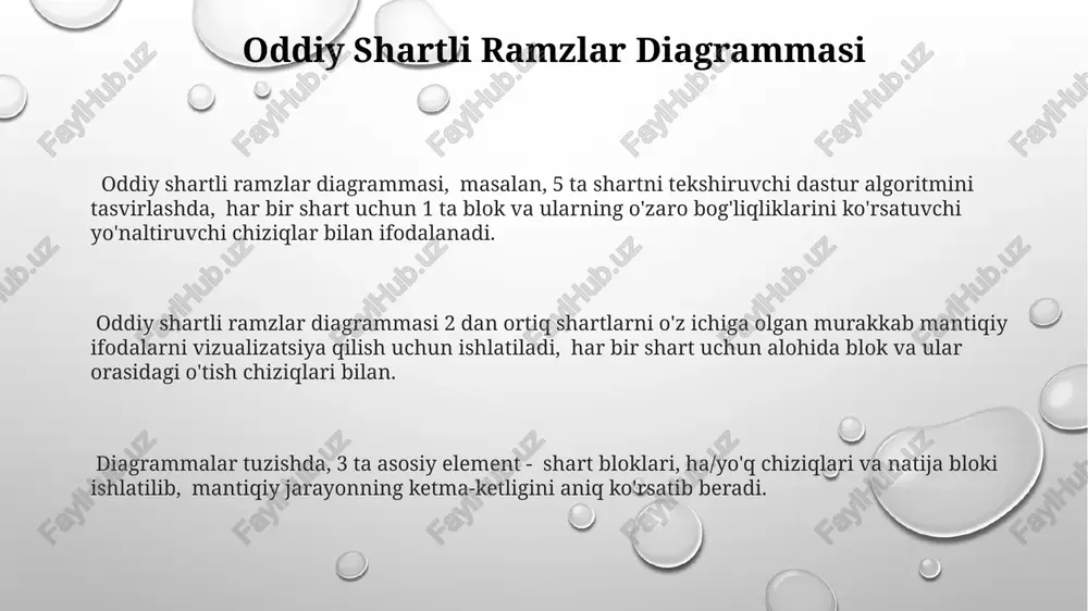 murakkab jarayonlarni soddalashtirilgan diagrammalarga 10 ga yaqin elementlar bilan ifodalash mumkin. har bir shartli ramzning o'ziga xos shakli va ma'nosi bor, bu esa diagrammalarni aniq va tushunarli qiladi, masalan, to'rtburchak jarayonlarni, romb esa qarorlarni bildiradi. davriy shartli ramzlar diagrammasi davriy shartli ramzlar diagrammasi har bir shartning natijasi (rost yoki yolg‘on) va keyingi shartga o‘tish yo‘nalishi bilan 5 dan ortiq qadamni o‘z ichiga olgan murakkab algoritmlarni vizualizatsiya qilish imkonini beradi. diagrammalar, ikkilik qarorlar daraxtlari kabi, davriy shartli ramzlarni ketma-ket 3 yoki undan ortiq bloklarni birlashtirish orqali ifodalaydi va har bir blok mantiqiy shartni va shartning bajarilish natijalarini ko'rsatadi. davriy shartli ramzlar diagrammasi 2 dan ortiq holatlarni, masalan, 3 ta yoki 4 ta mantiqiy shartni ifodalash uchun qo‘llaniladigan murakkab tuzilmalarni aks ettirishi mumkin, bu esa dasturlashda qarorlar qabul qilish jarayonlarini vizualizatsiya qilishda yordam beradi. shartli ramzlar diagrammalarini tahlil qilish diagrammalardagi 10 dan ortiq shartli ramzlarni o'z ichiga olgan murakkab tizimlarni tahlil qilishda, …